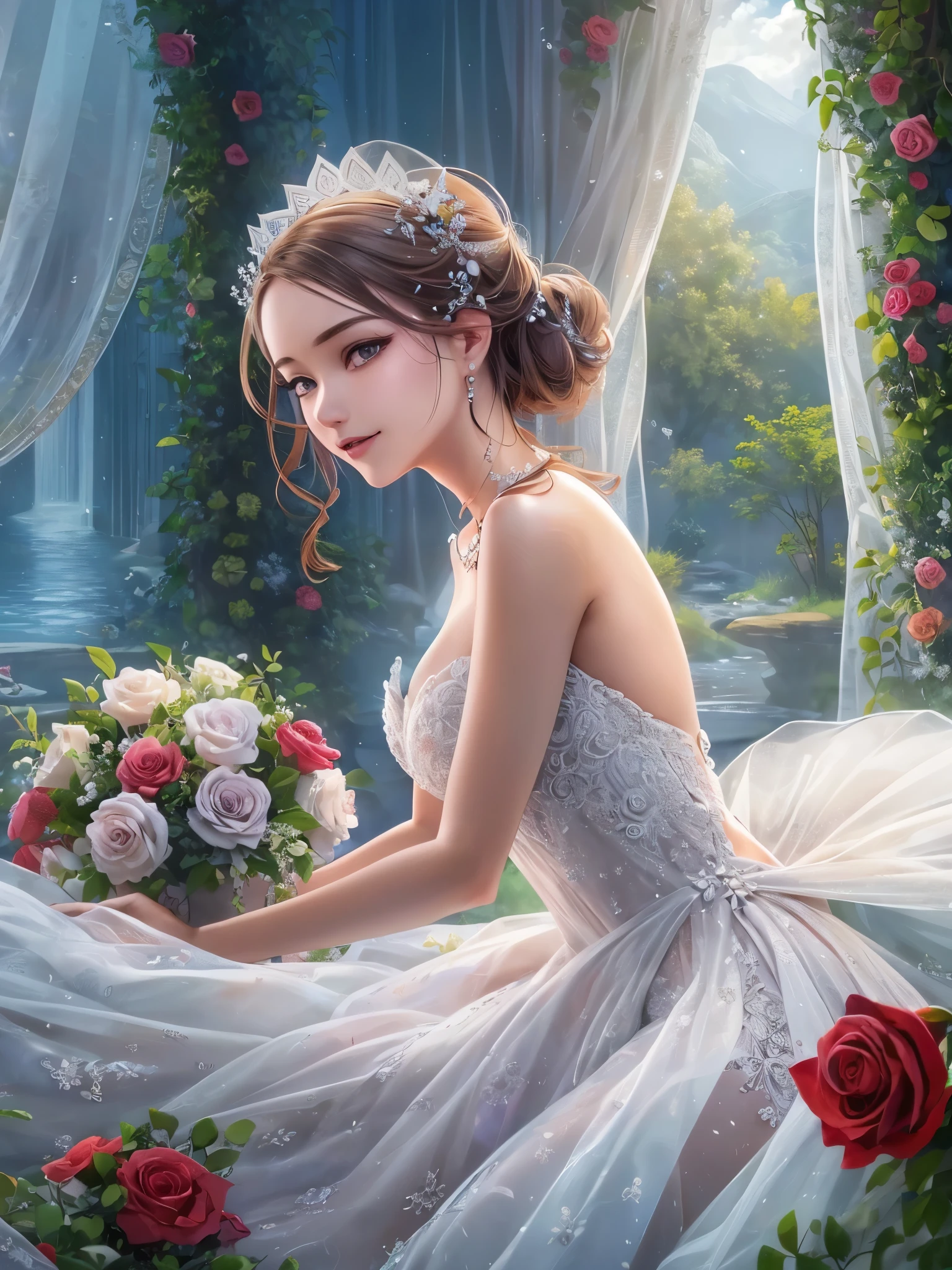 ((highest quality)),(Ultra-high resolution),(Very detailed),(Detailed Description),((The best CG)),(A masterpiece),Ultra-detailed art,Amazing drawing art,(Art with exquisite detail:1.5), (A woman in a pure white backless wedding dress:1.1),smile:1.3, blue chateau, Red Rose