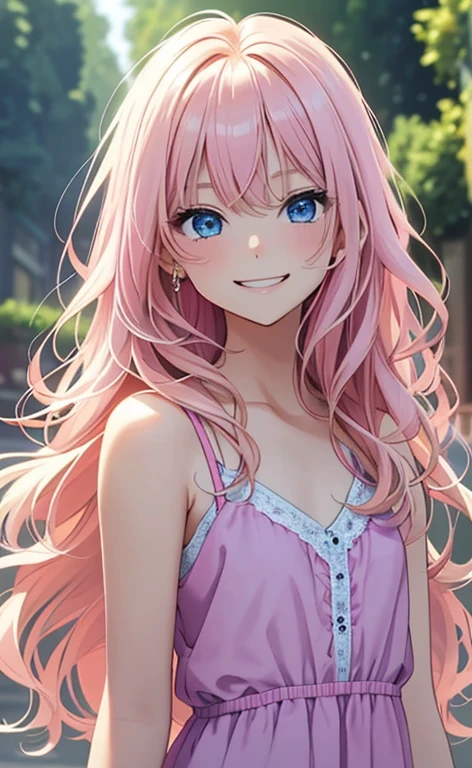 (masterpiece:1.4、top-quality、illustration:1.4,realistic、)、(character focus、,upper body:1.3)、(1girl),(happy smile:1.3),(cute),cute face,blue eyes、(from below:1.3)、
,(stand:1.4),(pink blonde hair),hair ornaments:1.3、
,(slender),(loose dress:1.3),
(wavy hair), (flat chest:1.3)、
、slender、