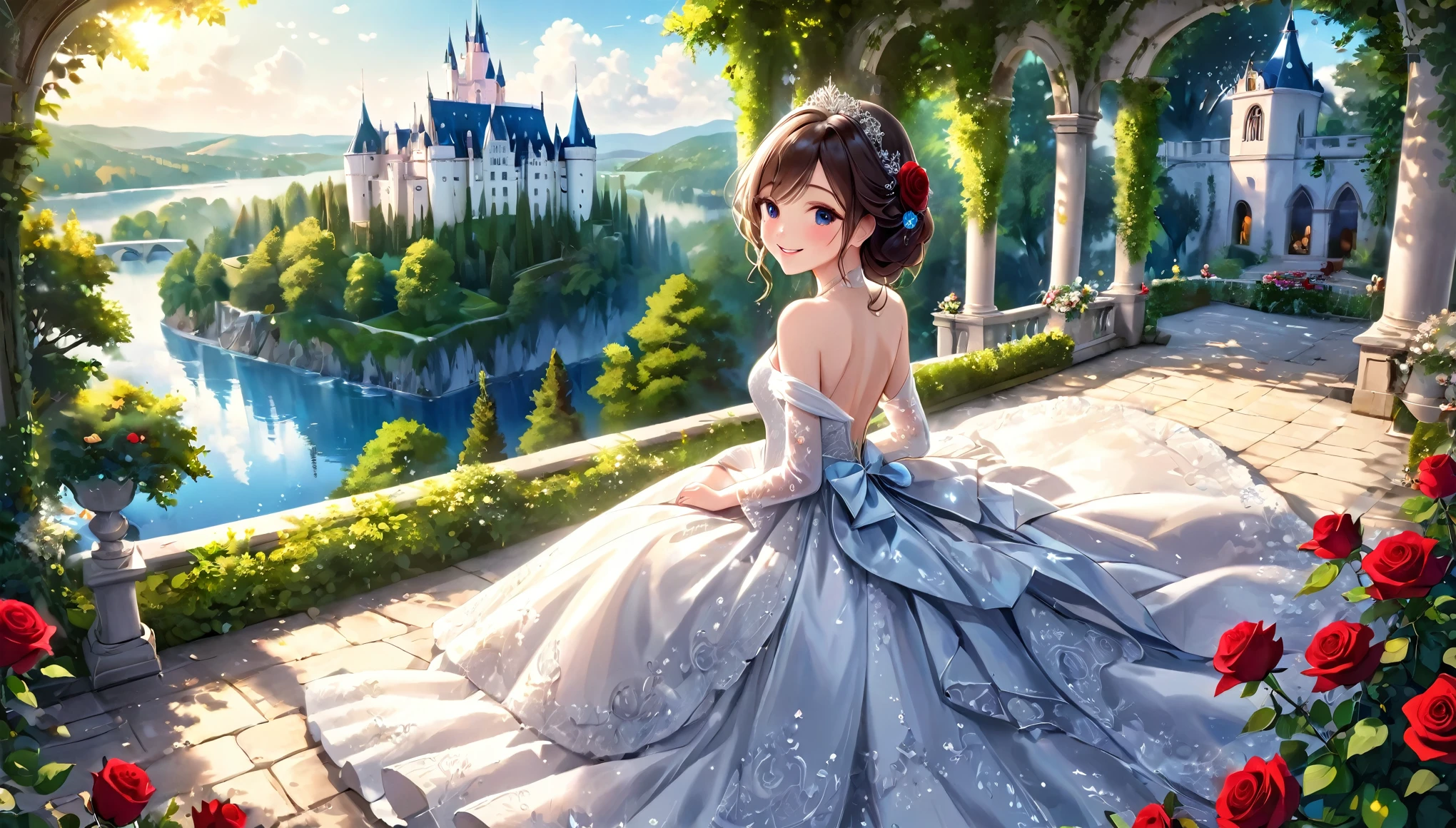 ((highest quality)),(Ultra-high resolution),(Very detailed),(Detailed Description),((The best CG)),(A masterpiece),Ultra-detailed art,Amazing drawing art,(Art with exquisite detail:1.5), (A woman in a pure white backless wedding dress:1.1),smile:1.3, blue chateau, Red Rose
