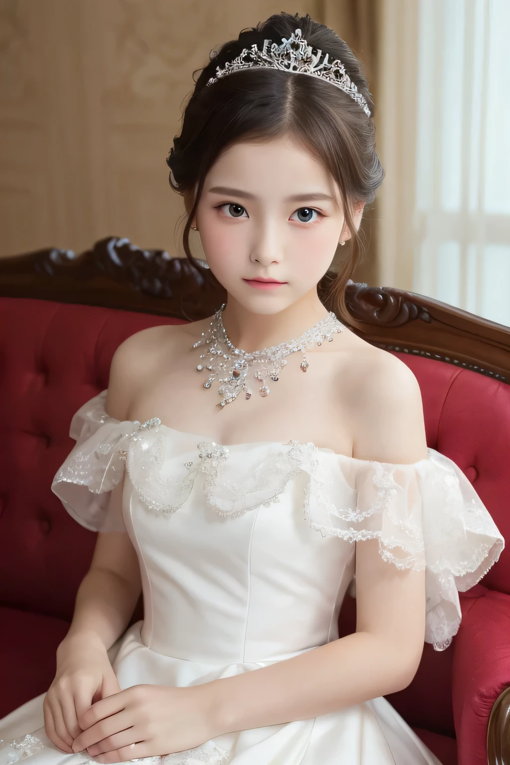 ((highest quality)), ((Photo quality)), (detailed), Perfect Face,White skin,11 years old,dress,delicate,sofa