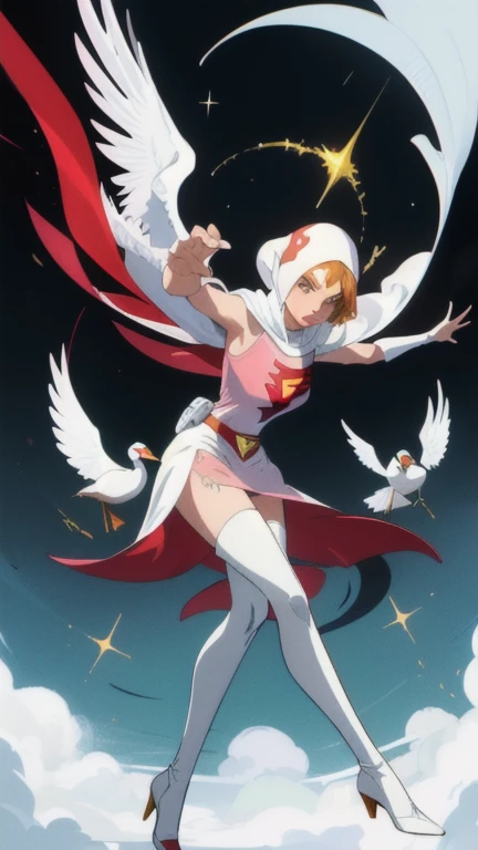 sempre em frente,Pose,olhando para o espectador,QUEBRAR, retro artestilo, oficial_estilo,1970s_(estilo),
ANOS_classic_junho_gatchaman_ownwaifu,www.ownwaifu.com, junho the swan,
Cabelo longo,seios,olhos verdes,lips,medium seios,cabelo loiro,lipstick,inventar,
legging branca,vestido rosa,Super heroi,May,cape,luvas,capacete,cinto,elbow luvas,white luvas,mascarar,saia,collant, coxas brancas, pele firme, Deus_Phoenix,viseira,
oficial art, high resolution, scenario, (obra de arte:1.1), (melhor qualidade,:1.1), (alta qualidade:1.1), (captura de tela de anime:1.2),