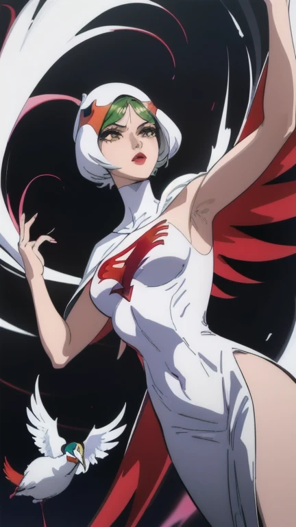 sempre em frente,Pose,olhando para o espectador,QUEBRAR, retro artestilo, oficial_estilo,1970s_(estilo),
ANOS_classic_junho_gatchaman_ownwaifu,www.ownwaifu.com, junho the swan,
Cabelo longo,seios,olhos verdes,lips,medium seios,cabelo loiro,lipstick,inventar,
legging branca,vestido rosa,Super heroi,May,cape,luvas,capacete,cinto,elbow luvas,white luvas,mascarar,saia,collant, coxas brancas, pele firme, Deus_Phoenix,viseira,
oficial art, high resolution, scenario, (obra de arte:1.1), (melhor qualidade,:1.1), (alta qualidade:1.1), (captura de tela de anime:1.2),