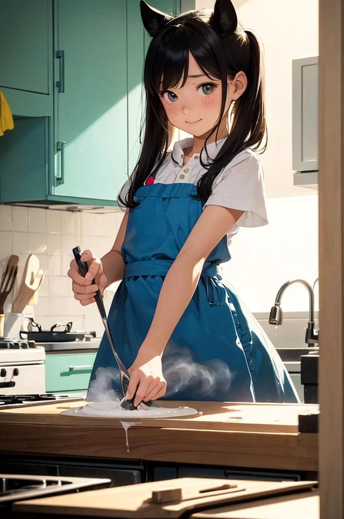 (masterpiece, best quality:1.1),
(popart style),flat color,girl,girl has horse ear,girl cooking in kitchen,cute face,tween,room,beautiful lighting,very happy,dynamic pose,photographic portrait, sharp,Illustration by okama,