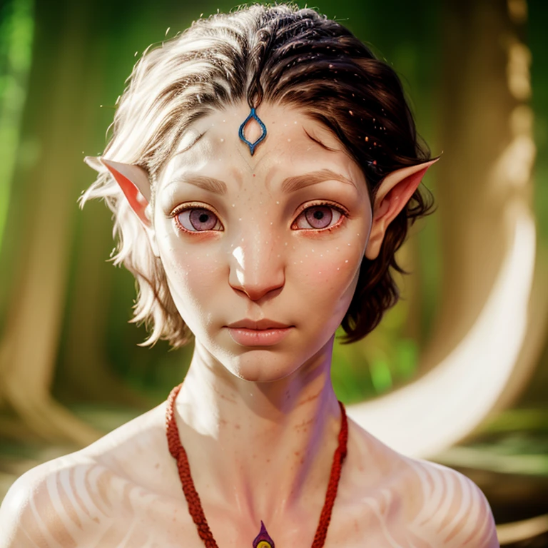 avatar style, (face portrait:1.4), 1girl, female, (AvTsireya), glowing red eyes, pointy ears, (white skin tone:1.0), (curly hair:1.0), silver hair color, ((bobcut hair)), (young adult), 18 years old:1, face wrinkles, wearing tribal clothing, (wearing a top), detailed eyes, toned body, muscled body, vibrant colors, glowing, ethereal atmosphere, surrealistic dreamy lighting, textured skin, otherworldly beauty, mesmerizing photography, (best quality, highres), vivid colors, ultrarealistic, skin details, striped skin, sfw, face close-up:0.5, ultradetailed body, ((white skin)), ((albino)), albinism