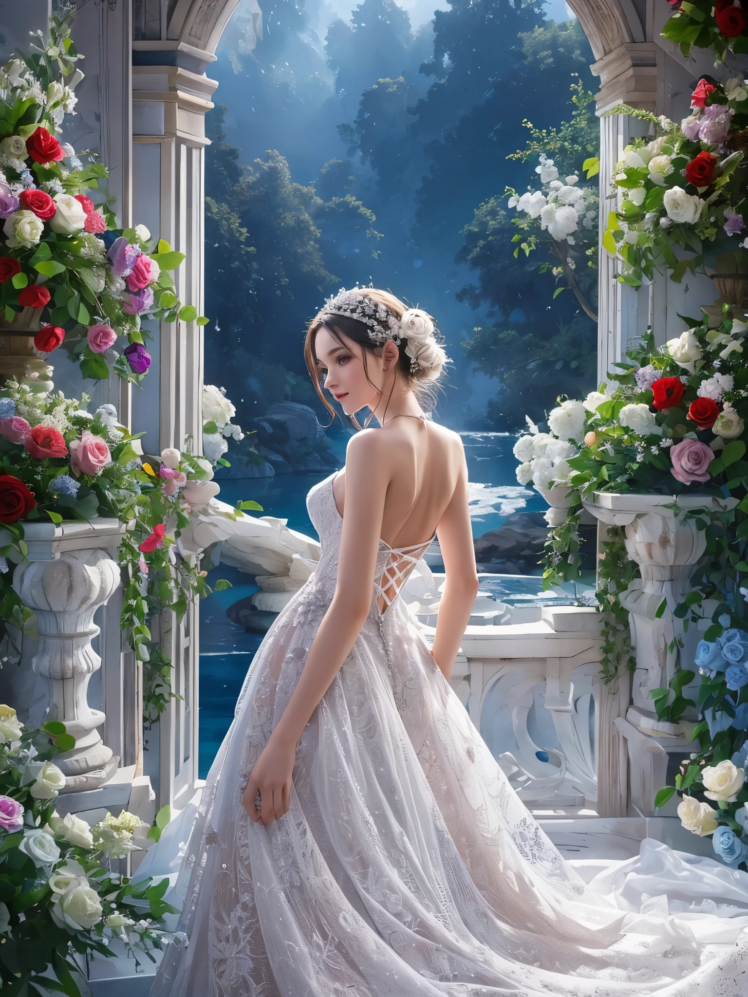((highest quality)),(Ultra-high resolution),(Very detailed),(Detailed Description),((The best CG)),(A masterpiece),Ultra-detailed art,Amazing drawing art,(Art with exquisite detail:1.5), (A woman in a pure white backless wedding dress:1.1),smile:1.3, blue chateau, Red Rose
