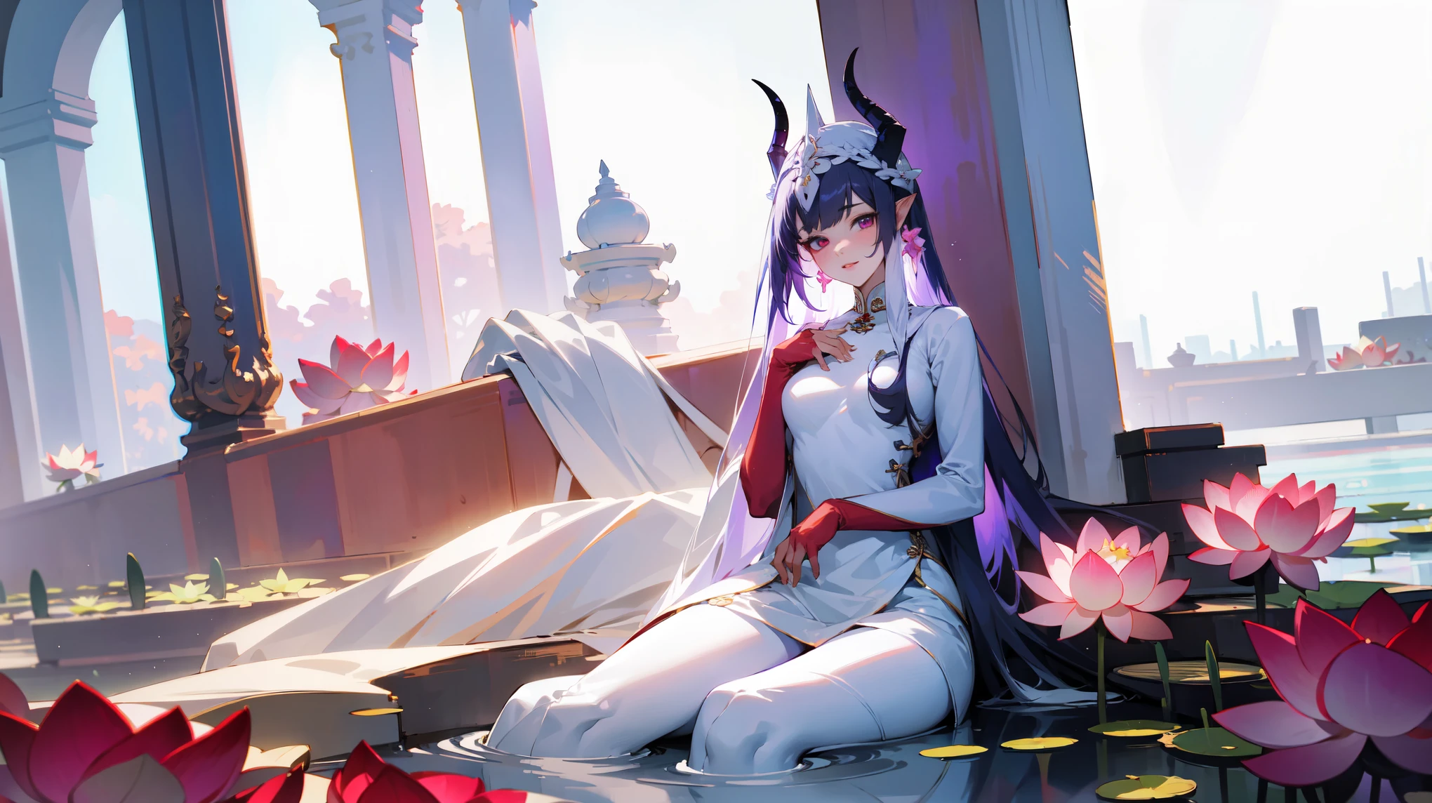 (best quality, highres, masterpiece : 1.2),(flatten art : 0.7), masterpiece, (best quality), 1woman, Anime, ((lotus pool)), white horns, long braided white hair, white ao dai, ((minimum clothes:1.3)), pale skin, purple demon eyes, pointy ear, large breast, enticing, darkness, looking at viewer, solo, sadistic smirks, close-up, sitting
