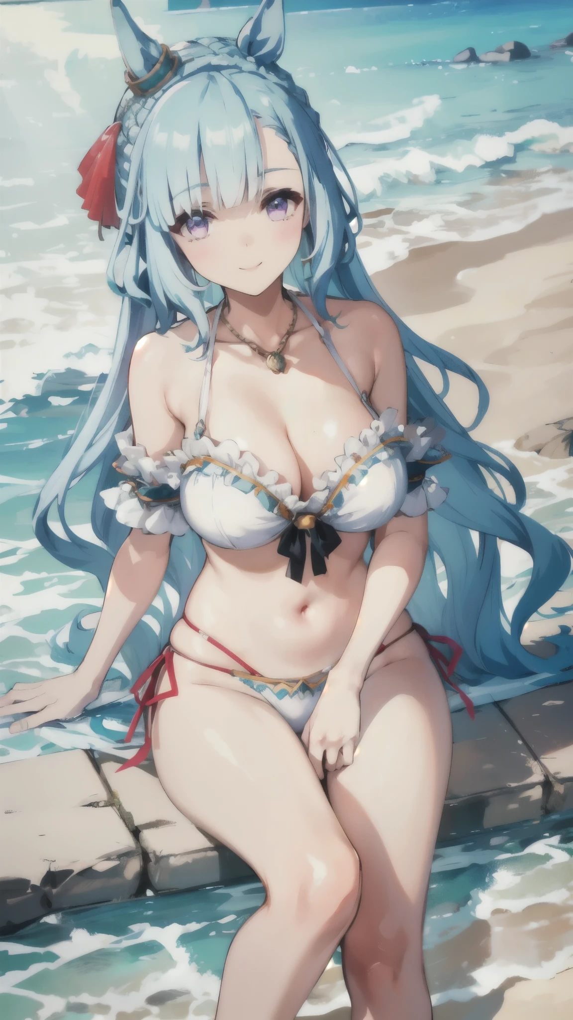 highest quality,masterpiece, High resolution,original, Beautiful fine details,Very detailed, Mejiro Ardan \(umamusume\), earrings, necklace, swimsuit, bikini , Forward bend , looking at me , beach, smiling ,Her cheeks flushed