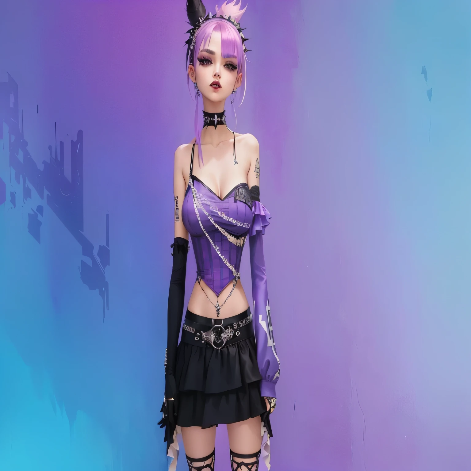Araffe vestida com uma roupa roxa e meias pretas, pastel gothic, wearing a roupa punk, vestido com roupas crustpunk, roupa punk, pastel gothic aesthetic, gothic bubble, inspirado em Sim Sa-jeong, cyberpunk scenario, vestido com roupas punk, Pele violeta, Cybergothic, goth girl, ovelha, mechanic roupa punk, Roupa de Fantasia, garota punk