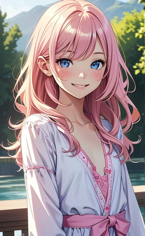 (masterpiece:1.4、top-quality、illustration:1.4,realistic、)、(character focus、,upper body:1.3)、(1girl),(happy smile:1.3),(cute),cute face,blue eyes、(cute)、
,(stand:1.4),(pink blonde hair),
,(slender),(loose dress:1.3),
(wavy hair), (flat chest:1.3)、
、slender、