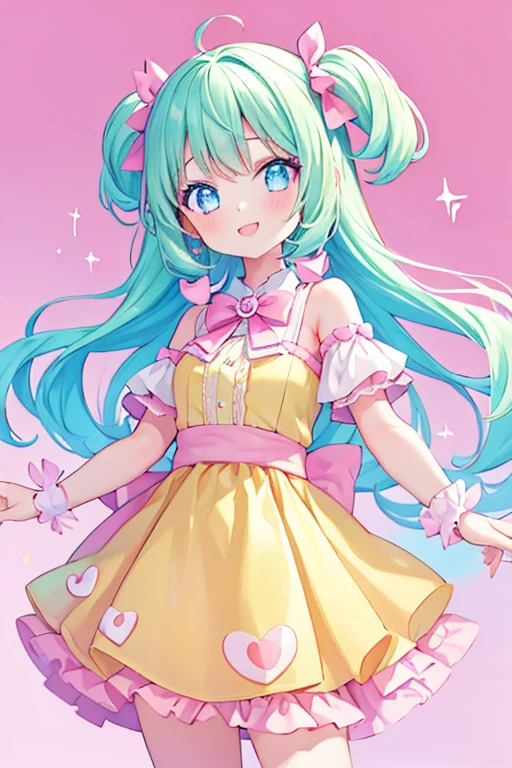 (1girl), idol, closeup, big eyes, kawaiitech, kawaii, cute, pastel colors, best quality, happy, light smile, (deep background)