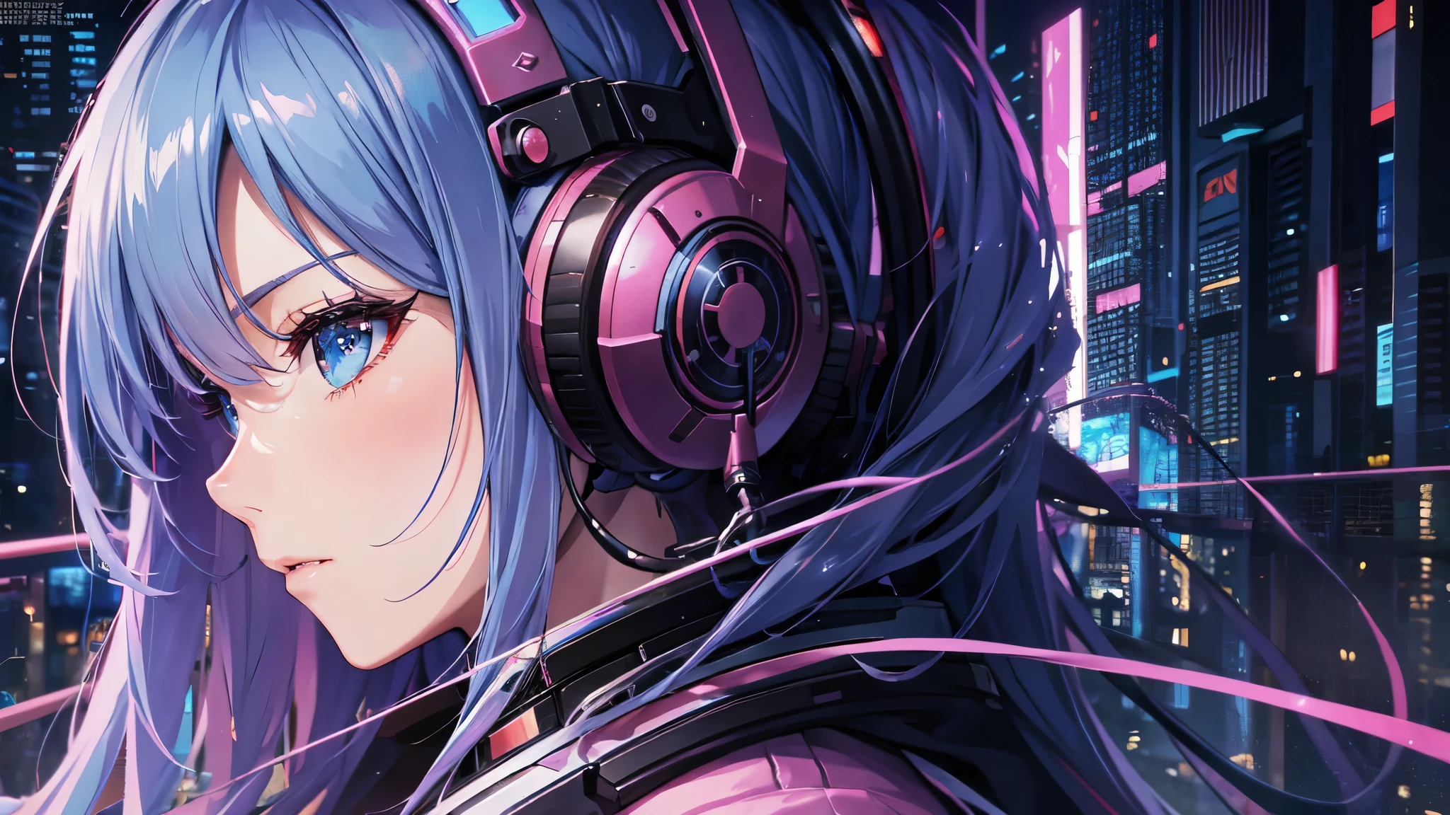 ((masterpiece, highest quality, Best image quality, High resolution)), ((Highly detailed CG synthesis 8k wallpaper)), Anime girl with futuristic hair and headphones in front of a city, Digital Cyberpunk anime art, Cyberpunk Anime Girl, Digital Cyberpunk - Anime Art, Dreamy Cyberpunk Girl, female Cyberpunk Anime Girl, Cyberpunk art style, Portrait of a cyberpunk girl, anime cyberpunk art, Anime Style 4K, Cyberpunk beautiful girl, Cyberpunk atmosphere, Cute Cyborg Girl, Cyberpunk anime art, Anime Style. 8k、Close-up face