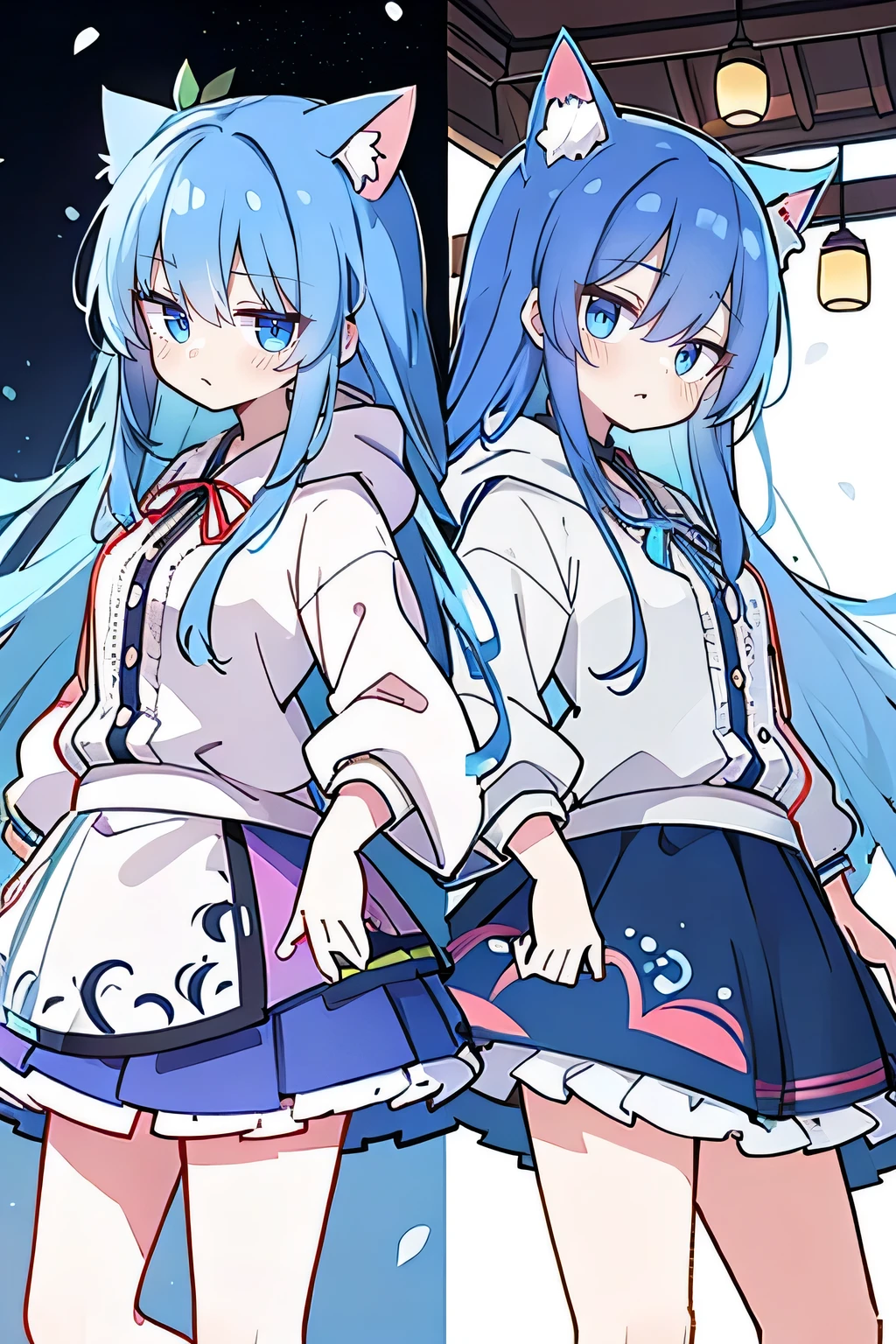 （masterpiece：1.2），Super detailed，lifelike，Expressive eyes，fair skin，perfect face shape，1 girl，
Japanese comics,Gorgeous blue hair,flowing blue hair,flowing clothes,Cat ears,Petals fall,beautiful lola,Baby Angel,
Shaking head with one hand，Cross your legs，Gentle and peaceful background，The pavilion is cool and comfortable,smile, wearing hoodie, background of tokyo,back views,snowing, winter.