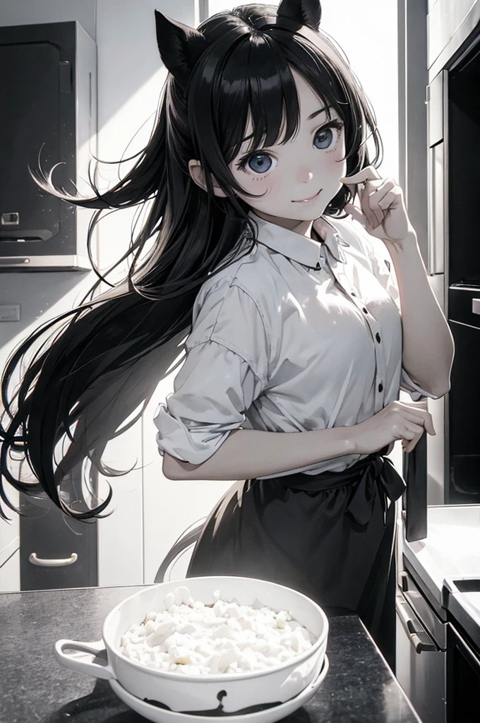 (masterpiece, best quality:1.1),
(popart style),flat color,girl,girl has horse ear,girl cooking in kitchen,cute face,tween,room,beautiful lighting,very happy,dynamic pose,photographic portrait, sharp,Illustration by okama,
