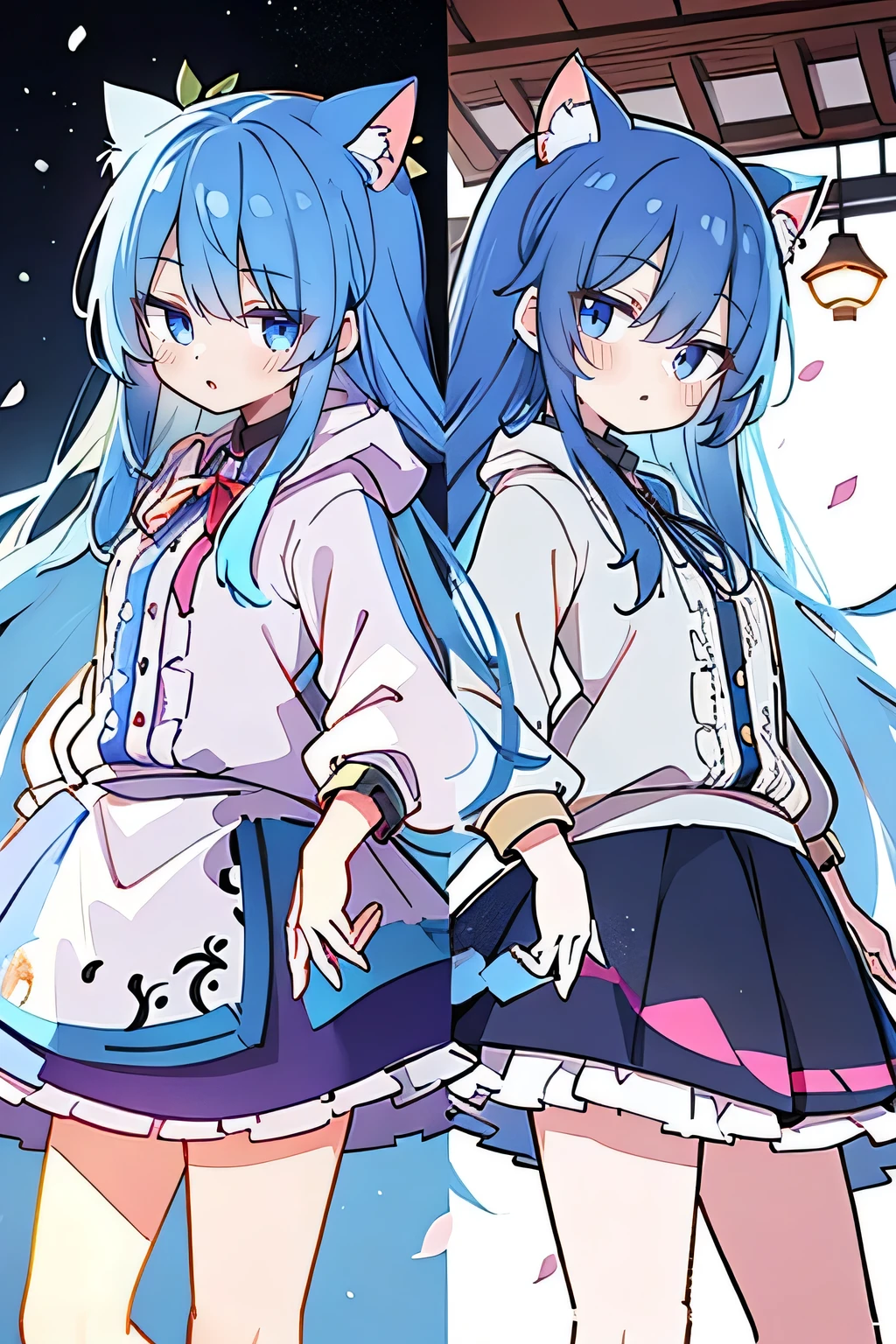 （masterpiece：1.2），Super detailed，lifelike，Expressive eyes，fair skin，perfect face shape，1 girl，
Japanese comics,Gorgeous blue hair,flowing blue hair,flowing clothes,Cat ears,Petals fall,beautiful lola,Baby Angel,
Shaking head with one hand，Cross your legs，Gentle and peaceful background，The pavilion is cool and comfortable,smile, wearing hoodie, background of tokyo,back views,snowing, winter.