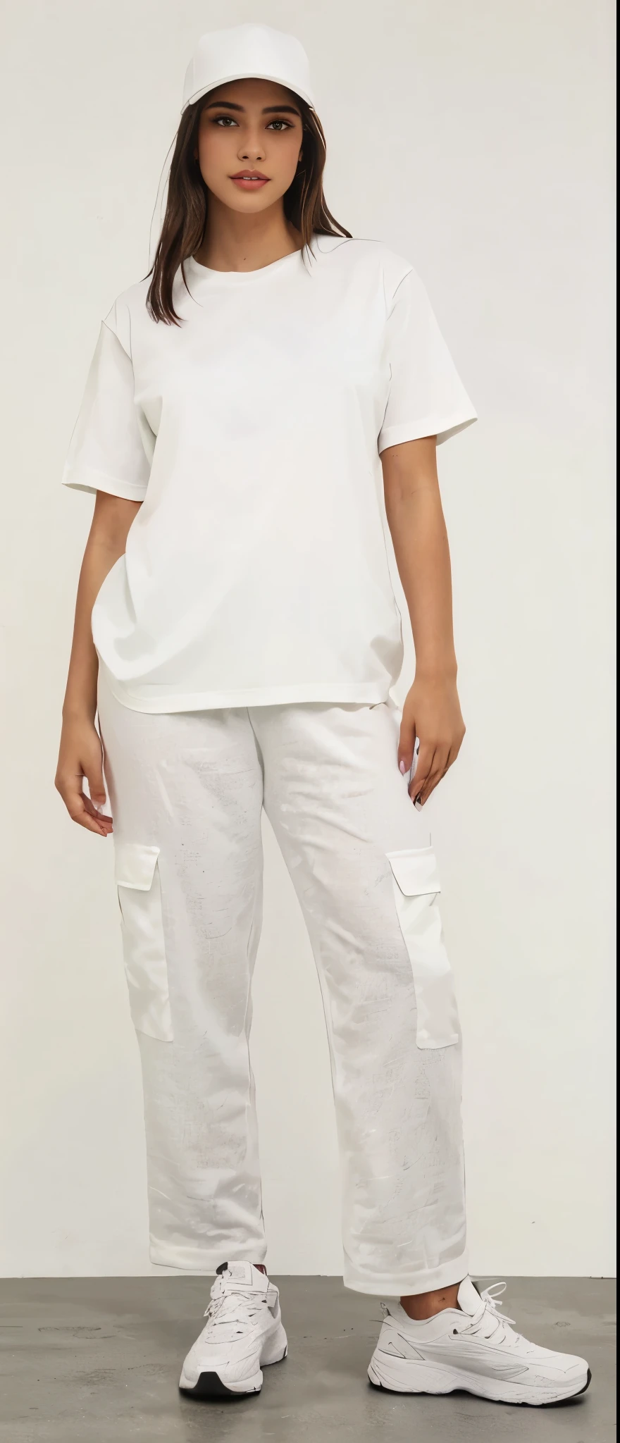 a woman branca e linda in a camisa branca and pants stands in a room, wearing a baseball cap, Roupas Brancas, Roupas brancas, White pants, roupa branca casual, vestido com uma camiseta branca, camiseta branca, camiseta branca, cargo pants, camiseta branca, com dois bolsos frontais, vestindo pijama branco, tudo branco, uniforme branco, trendy Roupas Brancas, roupas brancas da moda, camisa branca