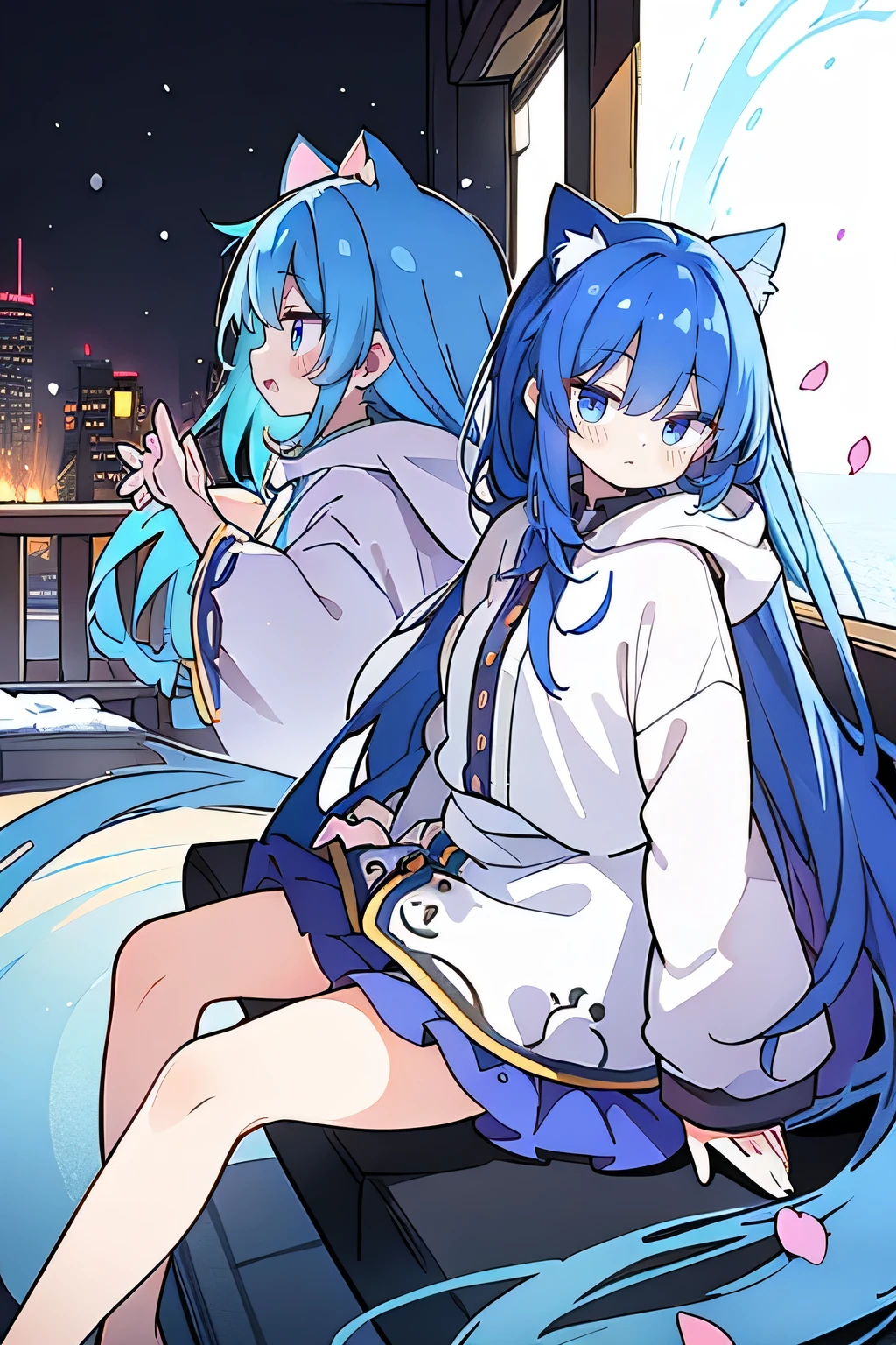 (masterpiece:1.2),Super detailed,lifelike,Expressive eyes,fair skin,perfect face shape,1 girl,
Japanese comics,Gorgeous blue hair,flowing blue hair,flowing clothes,Cat ears,Petals fall,beautiful lola,Baby Angel,
Shaking head with one hand,Cross your legs,Gentle and peaceful background,The pavilion is cool and comfortable,smile, wearing hoodie, background of tokyo,back views,snowing, winter.