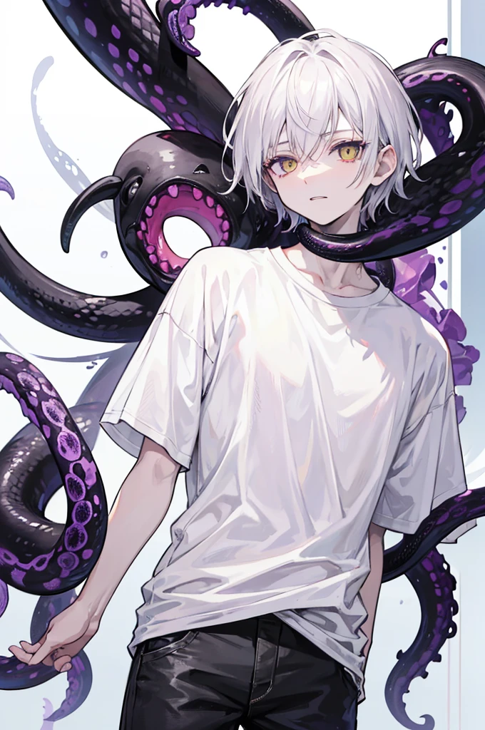 DESCRIPTION: His body is a pale color, his ribs being visible through his clothes, which he wears a white t-shirt and black jeans, both being heavily damaged and having holes, his body shows clear neglect as his quirk keeps him alive, even if he disagrees, he also has a white gas mask on his but white, his actual face is distorted and his mouth has hundreds of teeth, his right eye having purple tentacles coming out of his eye, it being a yellow eye and snake like