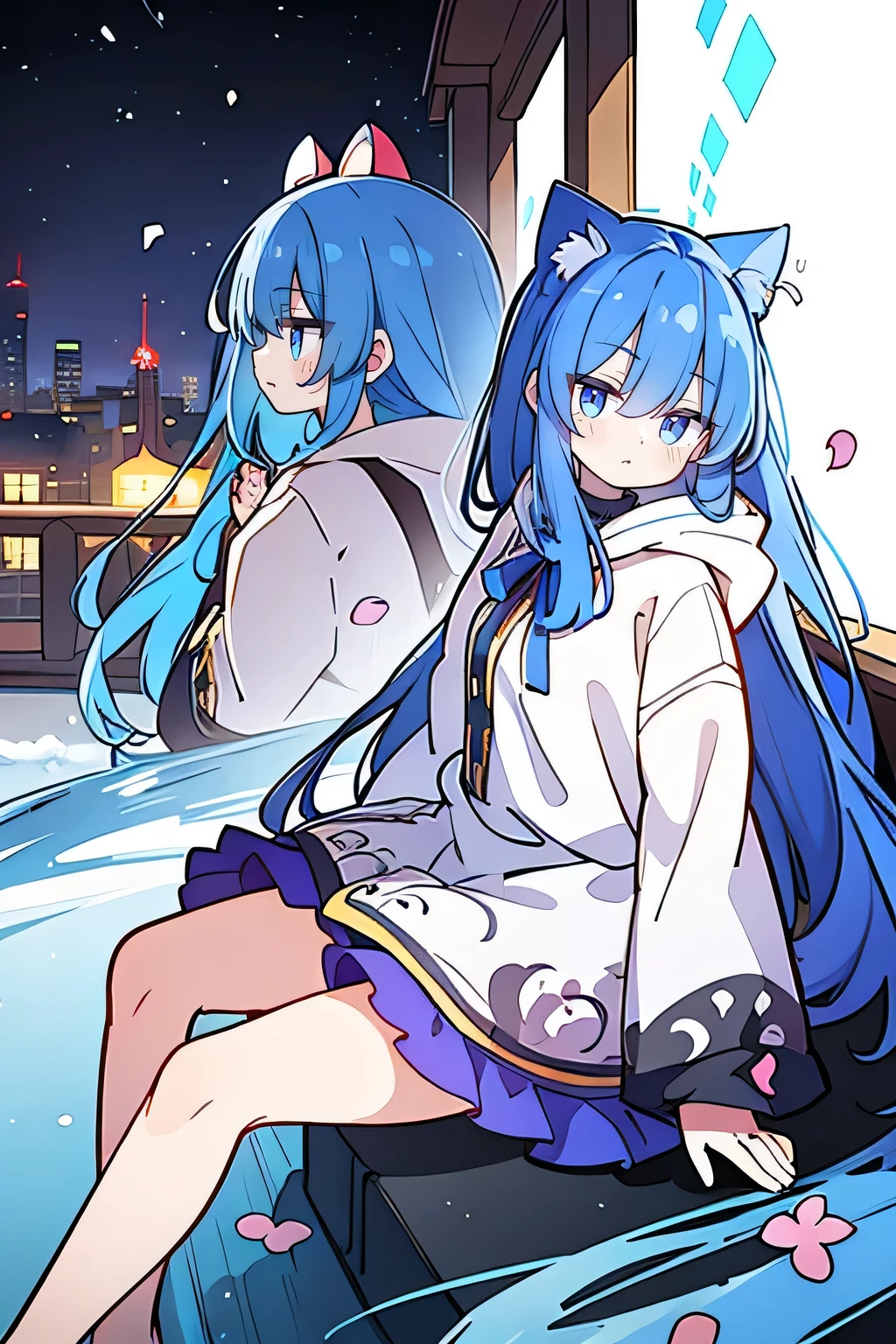 （masterpiece：1.2），Super detailed，lifelike，Expressive eyes，fair skin，perfect face shape，1 girl，
Japanese comics,Gorgeous blue hair,flowing blue hair,flowing clothes,Cat ears,Petals fall,beautiful lola,Baby Angel,
Shaking head with one hand，Cross your legs，Gentle and peaceful background，The pavilion is cool and comfortable,smile, wearing hoodie, background of tokyo,back views,snowing, winter.