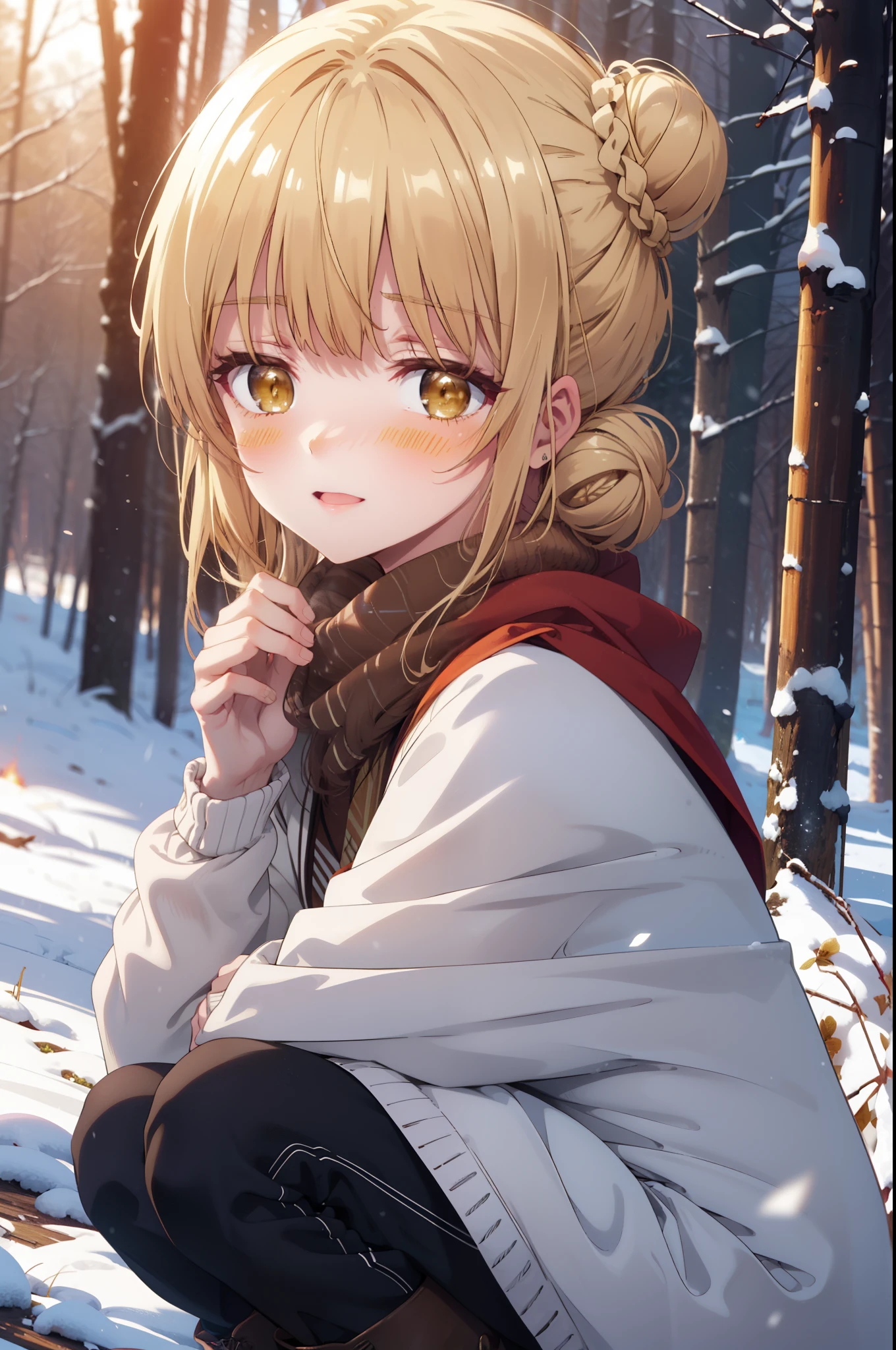 I am mahirushiina, Mahiru shiina, blonde, (Brown eyes:1.7), Long Hair, happy smile, smile, Open your mouth,Hair Bun, single Hair Bun,blush,White Breath,
Open your mouth,snow,Ground bonfire, Outdoor, boots, snowing, From the side, wood, suitcase, Cape, Blurred, Increase your meals, forest, White handbag, nature, Squat, Mouth closed, フードed Cape, winter, Written boundary depth, Black shoes, red Cape break looking at viewer, Upper Body, whole body, break Outdoor, forest, nature, break (masterpiece:1.2), highest quality, High resolution, unity 8k wallpaper, (shape:0.8), (Beautiful and beautiful eyes:1.6), Highly detailed face, Perfect lighting, Highly detailed CG, (Perfect hands, Perfect Anatomy),