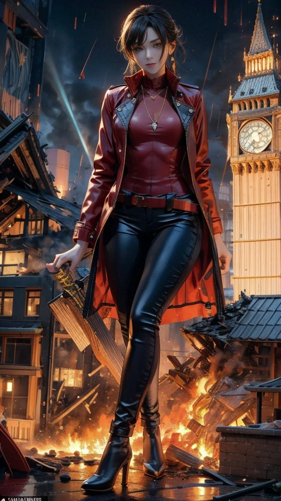 (32k, High resolution, highest quality, masterpiece, 超High resolution), (((Giantess Elements, Typhoon heavy rain))), From above, Perfect dynamic composition:1.0, ((night, In a small metropolis just at foot height)), (Expressions of sadness:0.7), Highly detailed skin and facial textures:1.2, (Holding a sword:1.0, Towering Giant Young Woman:1.0, taller than a skyscraper:1.0, 400,000 feet high:1.5, Incredibly slim body:1.0), Fair skin, ???? beauty, Very beautiful face, Water droplets on the skin, (The rain drips down on my body:0.5, Wet body:0.5, Wet Hair:0.5), ((Red Leather Jacket:1.0, Tight black leather pants:1.0)), Shapely ???????, ????? gap, Big eyes that exude beautiful ?????????, Lips that exude beautiful ?????????, necklace, Earrings, bracelet, wedding ring, clock, ribbon, High heels, Full body portrait, (Destroy a small city, Burning Small Town, rubble, Destroyed small building, Collapsed highway, Evacuated Residents), ((Major impact, Emphasizing the majesty and power of giants, Increase the destructive element, Lower the building, Making cities smaller))