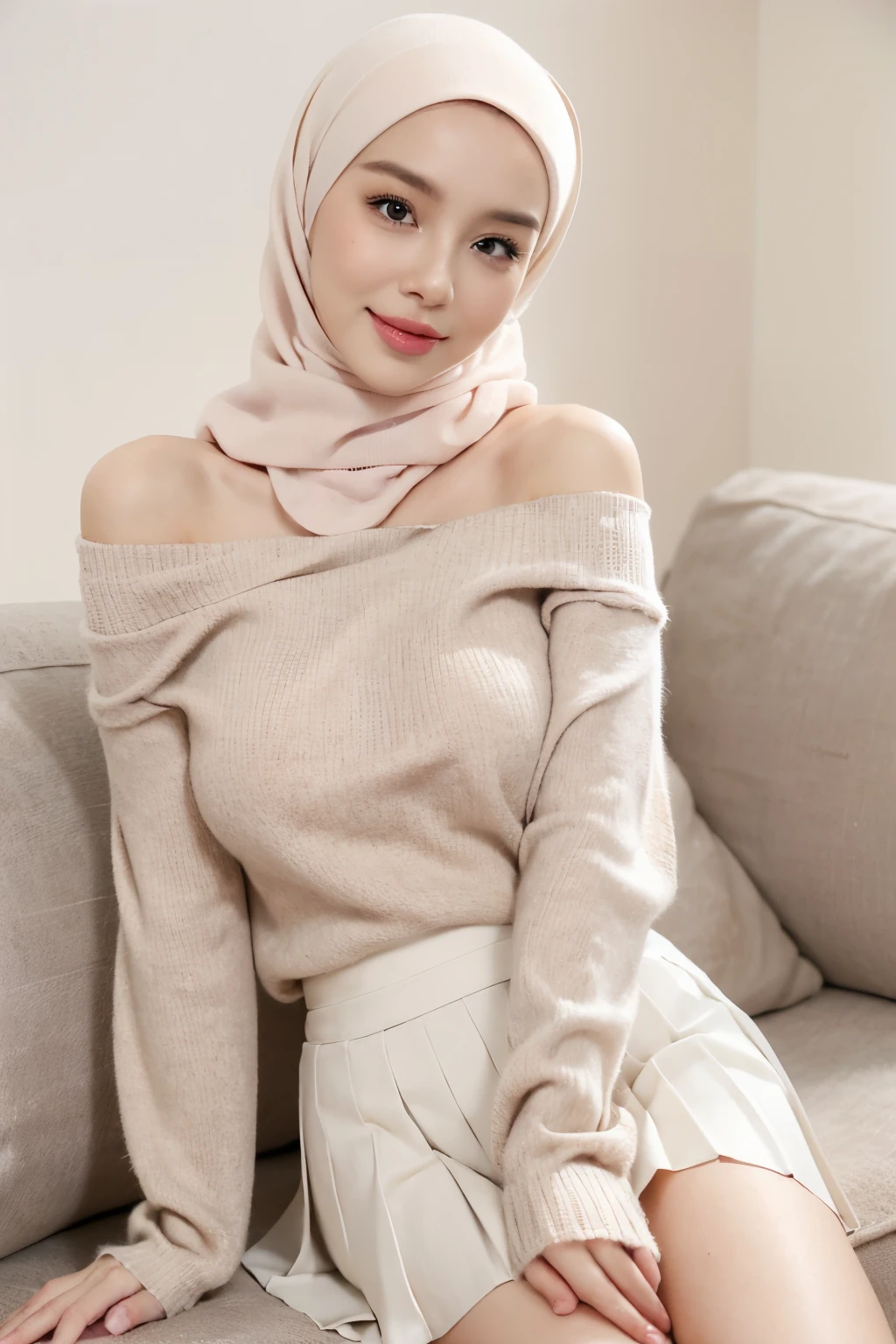 (4k, very realistic, soft light, muted colour), 23 year old girl, wearing a pink hijab, wearing beige sweater, off shoulder sweater, (wearing white pleated skirt), sticking out tongue, sitting on sofa, (white background), slim body, (huge breast 1.6), squeeze