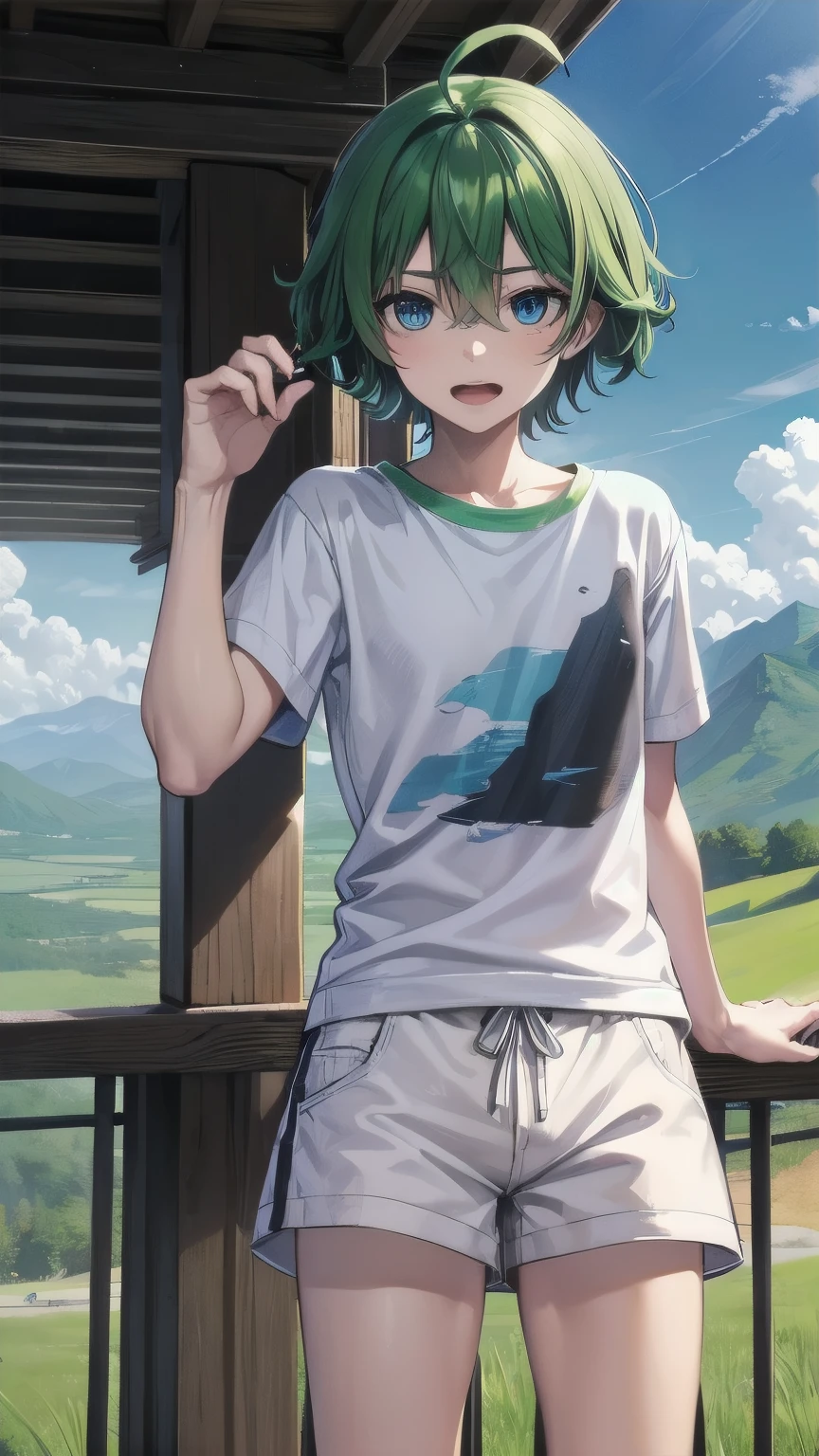 (masterpiece), ((sfw)), best quality, expressive eyes, perfect face, mature male, (1boy, adult Man), young adult, young man, solo, Green hair BREAK ahoge, blue eyes BREAK t-shirt, white shorts, green valley, mountains, blue sky, open mouth, looking at viewer 