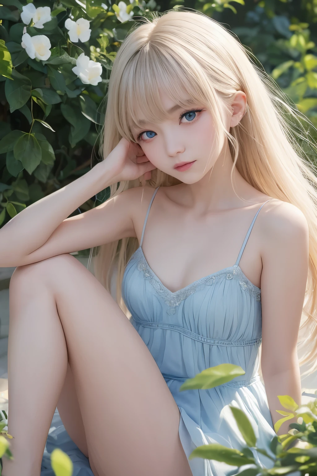 Bright expression、Photorealism、highest quality、Ultra-high resolution、photograph、北欧生まれの非常にbeautiful少女のphotograph、extraordinary beautiful girl、可愛くてbeautiful顔の詳細、(Facing the children_v1:0.008)、beautiful bangs、、Glowing White Skin、Facial hair、Bangs on the face、Bangs between the eyes、Super long hair、Bright light、Attractive bright natural platinum blonde super long straight silky hair、Thinning hair、High resolution eyes、beautiful, Bright and clear, Big bright blue eyes sparkle with charm、Pure white princess dresses、Pure white dress、eyeliner、double eyelid、sprawl、Flat Chest、Shoulder、Side-show pose、Show me your collarbone、Raise your arms、Photographed from an angle、field、Bright light、Chest like a plate、Legs visible through a how me your legs、Without shoulder straps、Show me your side