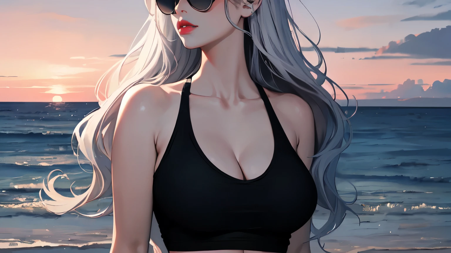  (UHD, retina, masterpiece, accurate, anatomically correct, textured skin, ultra detailed, high detail, high quality, best quality, high resolution, 1080P, HD, 4K, 8k, 16k), (beautifully detailed eyes, beautifully detailed lips, highly detailed eyes and face), perfect face, black tank top, black sunglasses, long wavy hair, flowing hair, silver hair, (alone), upper body, (big breasts: 1.2), cleavage, silver hair, red lips, profile, side angle, evening, pink nostalgic sky, woman looking out to sea on beach,anime girl, dark ambient