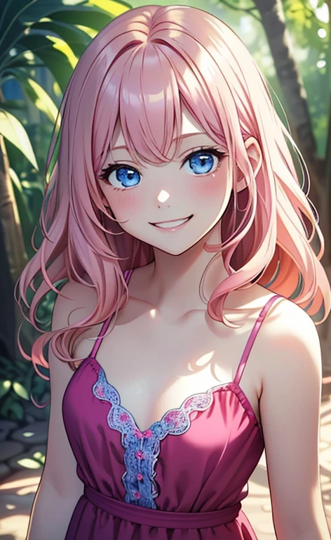 (masterpiece:1.4、top-quality、illustration:1.4,realistic、)、(character focus、,upper body:1.3)、(1girl),(happy smile:1.3),(cute),cute face,blue eyes、(from above:1.3)、
,(stand:1.4),(pink blonde hair),
,(slender),(loose dress:1.3),
(wavy hair), (flat chest:1.3)、
、slender、