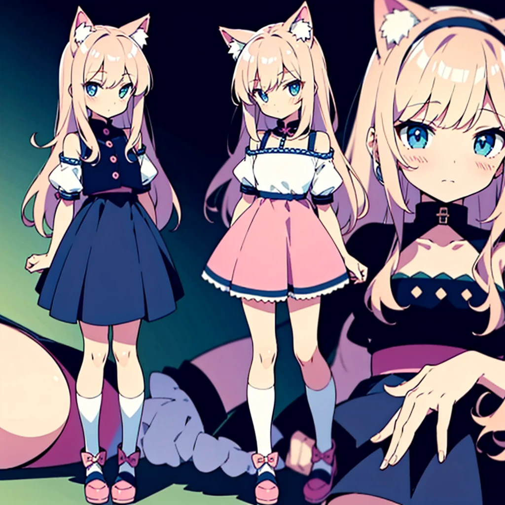 Cute girl with cat ears、Japan anime style、Moe、(full body2.0)、(1 person only 2.1)、(No background 1.8)、Authentic and highly detailed body、、girl with、childish、10yaers old、length hair、bangss、A pink-haired、Authentic and highly detailed face、beautiful eyes that are authentic and highly detailed,、 Authentic and very delicate arms and hands、Authentic and highly detailed human hands(5 fingers)、The most beautiful girl in the world、Delicate and beautiful pink cat eyes、Authentic skin texture、Plain clothe、ta、a miniskirt、(Authentic and highly detailed pink knee-high stockings 2.5)、(Authentic and highly detailed long boots 1.5)