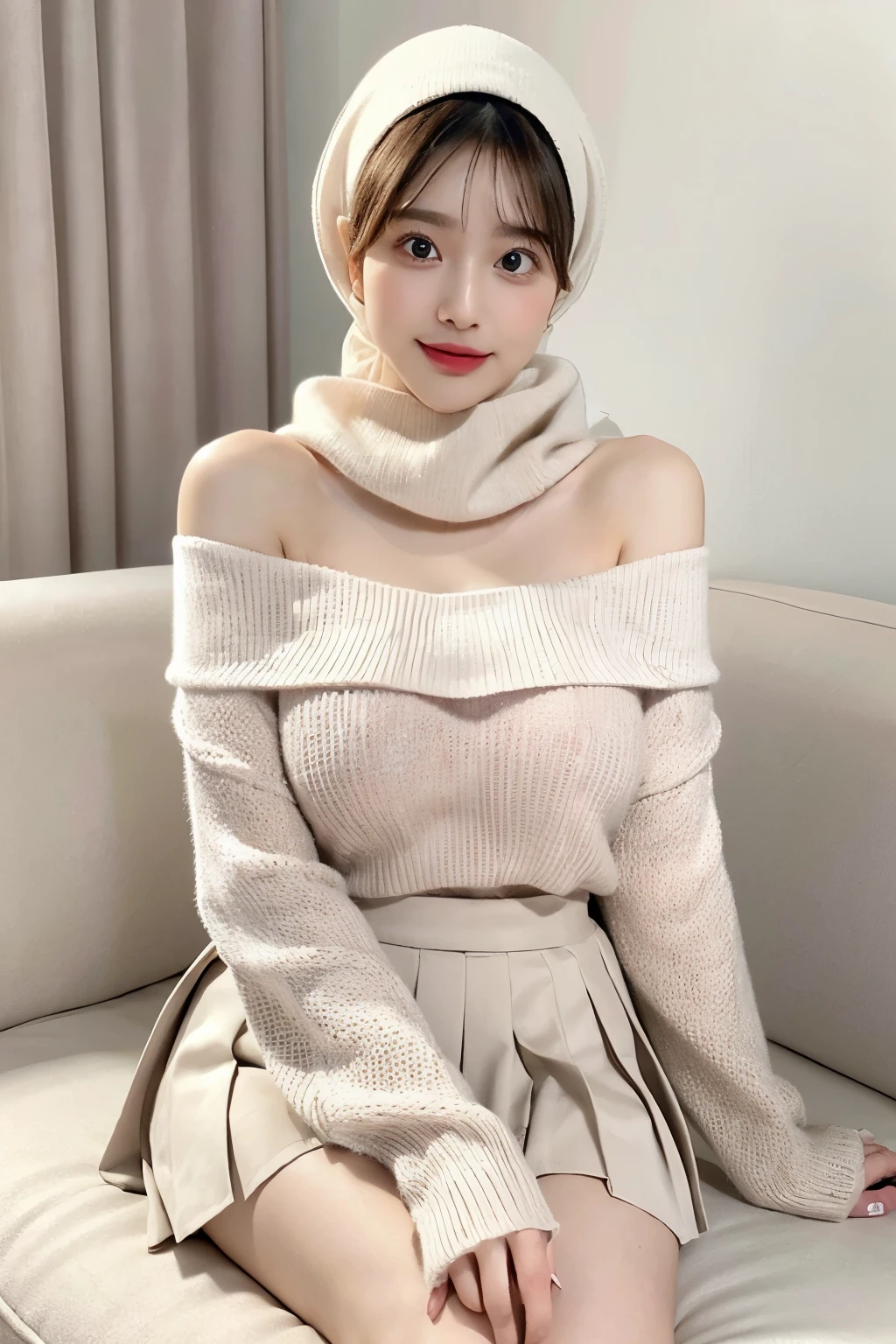 (4k, very realistic, soft light, muted colour), 23 year old girl, wearing a pink hijab, wearing beige sweater, off shoulder sweater, (wearing white pleated skirt), sticking out tongue, sitting on sofa, cleavage, (white background), slim body, (huge breast 1.6), kawaii