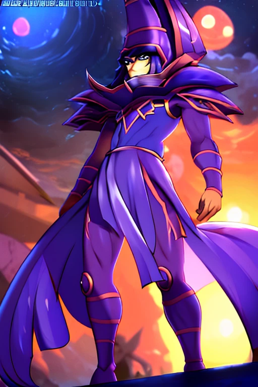 ((masterpiece,best quality)), absurdres, ygodm, 1man, armor, robe, helmet, purple hair, blue eyes, standing, rooftop, skyscraper, from below, silhouette, against the light, night, bloodmoon, from a distance