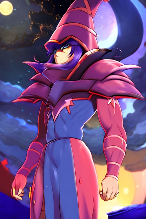 ((masterpiece,best quality)), absurdres, ygodm, 1man, armor, robe, helmet, purple hair, blue eyes, standing, rooftop, skyscraper, from below, silhouette, against the light, night, bloodmoon, from a distance