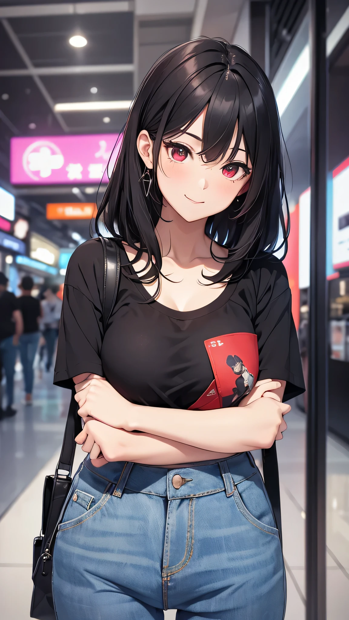 最high quality、Best image quality、masterpiece、girl((18-year-old、 By becoming、Best Bust、Medium Bust,Wide open breast tea、Red glowing eyes,Black Hair、Red Mesh、Disheveled Hair、Lointail、thin,The highest valley、Open chest、Luminous Wristbands、hair ornaments、Show the whole body,Black short sleeve T-shirt、Wear a shoulder bag、Short denim trousers、Leaning forward、smile、Disheveled,Selfish pose、Pouting,No bra)),high quality、Beautiful art、background((Large shopping malls))、Flight、Flying debris、Written boundary depth、movie、Visual Arts、Perfect art、8K,Genuine,