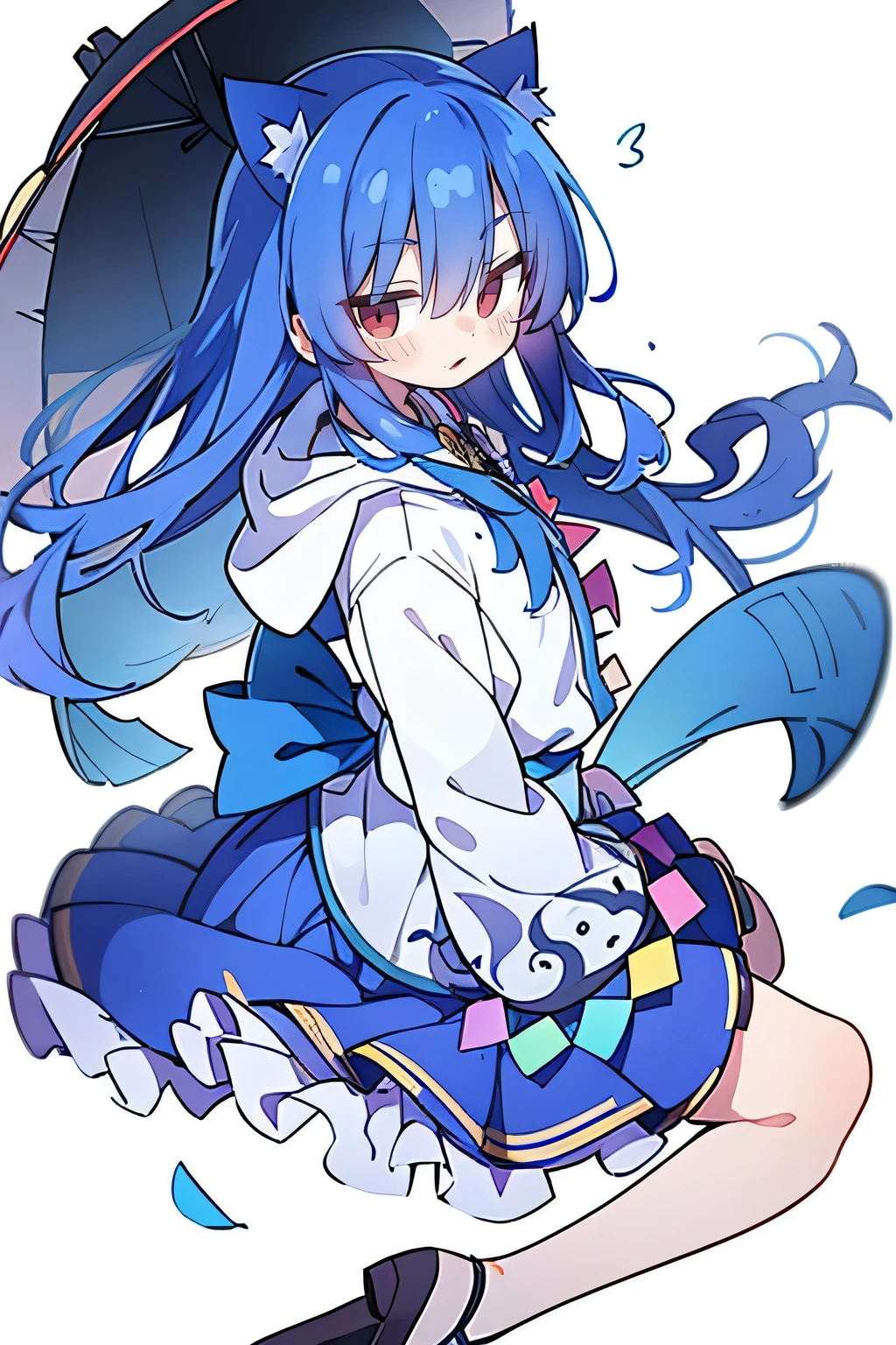 （masterpiece：1.2），Super detailed，lifelike，Expressive eyes，fair skin，perfect face shape，1 girl，
Japanese comics,Gorgeous blue hair,flowing blue hair,flowing clothes,Cat ears,Petals fall,beautiful lola,Baby Angel,
Shaking head with one hand，Cross your legs，Gentle and peaceful background，The pavilion is cool and comfortable,smile, wearing hoodie, background of tokyo,back views,summer,wet clothes.