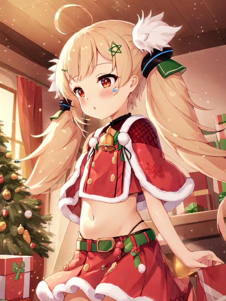 1girl,solo,eldridge \(azur lane\),facial mark,twintails,
red capelet,red skirt,bell,hair ornament,navel,star hairclip,
standing,
indoors,christmas,gift box,christmas tree,
