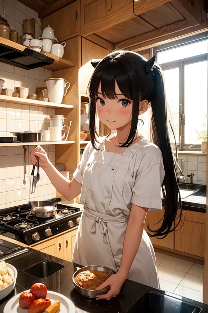 (masterpiece, best quality:1.1),
flat color,girl,girl has horse ear and horse tail,girl cooking in kitchen,cute face,tween,room,beautiful lighting,very happy,dynamic pose,photographic portrait, sharp,Illustration by okama,