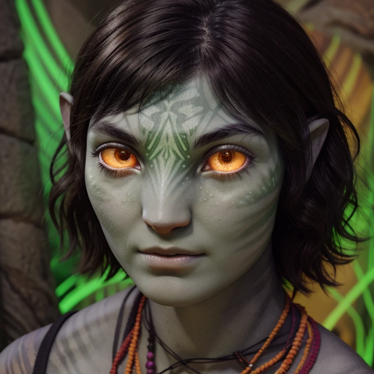 avatar style, portrait:1.6, 1girl, female, (glowing orange eyes), pointy ears:1, (gray skin tone:1.0), (wavy hair:1.2), black hair color, short hair, (young adult), 18 years old:1, face wrinkles, wearing tribal clothing, (wearing a top), detailed eyes, toned body, muscled body, vibrant colors, glowing, ethereal atmosphere, surrealistic dreamy lighting, textured skin, otherworldly beauty, mesmerizing photography, (best quality, highres), vivid colors, ultrarealistic, skin details, striped skin, sfw, face close-up:0.5, ultradetailed body, ((gray skin))