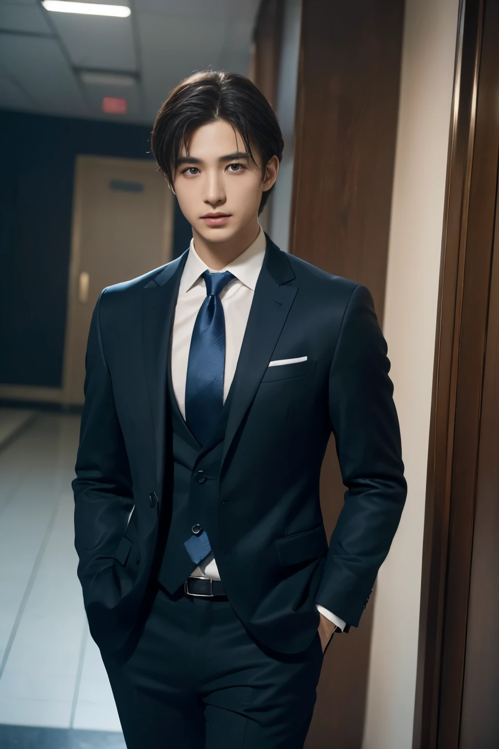 (((masterpiece、high resolution、high quality、Delicate、Ultra-high resolution、8k)))1 male、Short Hair、business suit、Black suit、Blue tie、office