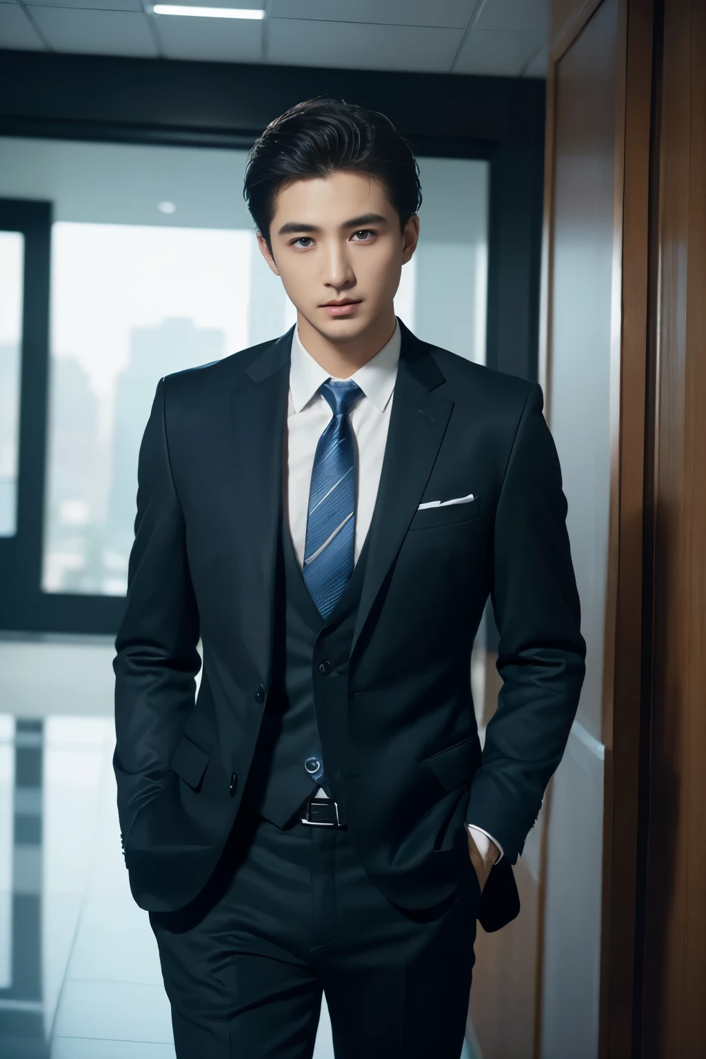 (((masterpiece、high resolution、high quality、Delicate、Ultra-high resolution、8k)))1 male、Short Hair、business suit、Black suit、Blue tie、office