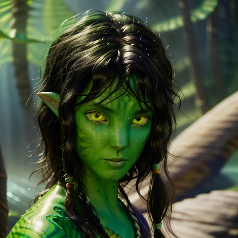 avatar style, portrait:1.6, 1girl, female, (AvKiri), (glowing green eyes), (green skin tone:1.0), (wavy hair:1.6), black hair color, (young adult), 18 years old:1, face wrinkles, wearing tribal clothing, (wearing a top), detailed eyes, toned body, muscled body, vibrant colors, glowing, ethereal atmosphere, surrealistic dreamy lighting, textured skin, otherworldly beauty, mesmerizing photography, (best quality, highres), vivid colors, ultrarealistic, skin details, striped skin, sfw, face close-up:0.5, ultradetailed body, (green skin)