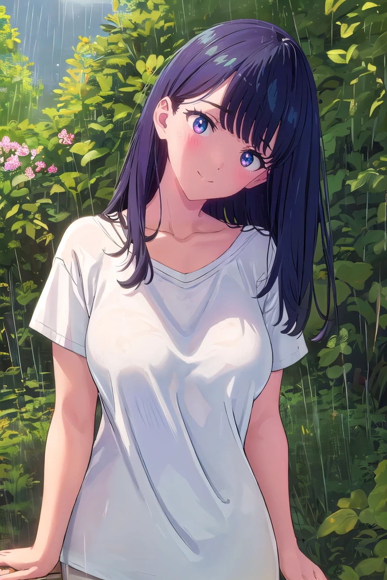 masterpiece, best quality, outdoors, field, grass, forest, rain, water drop,
1girl, solo, looking at viewer, cowboy shot, leaning forward, head tilt, shirt, blue shirt, collarbone, short sleeves, t-shirt, off shoulder, oversized shirt, naked shirt, oversized clothes, see-through silhouette, see-through shirt, large breasts, covered nipples, 
