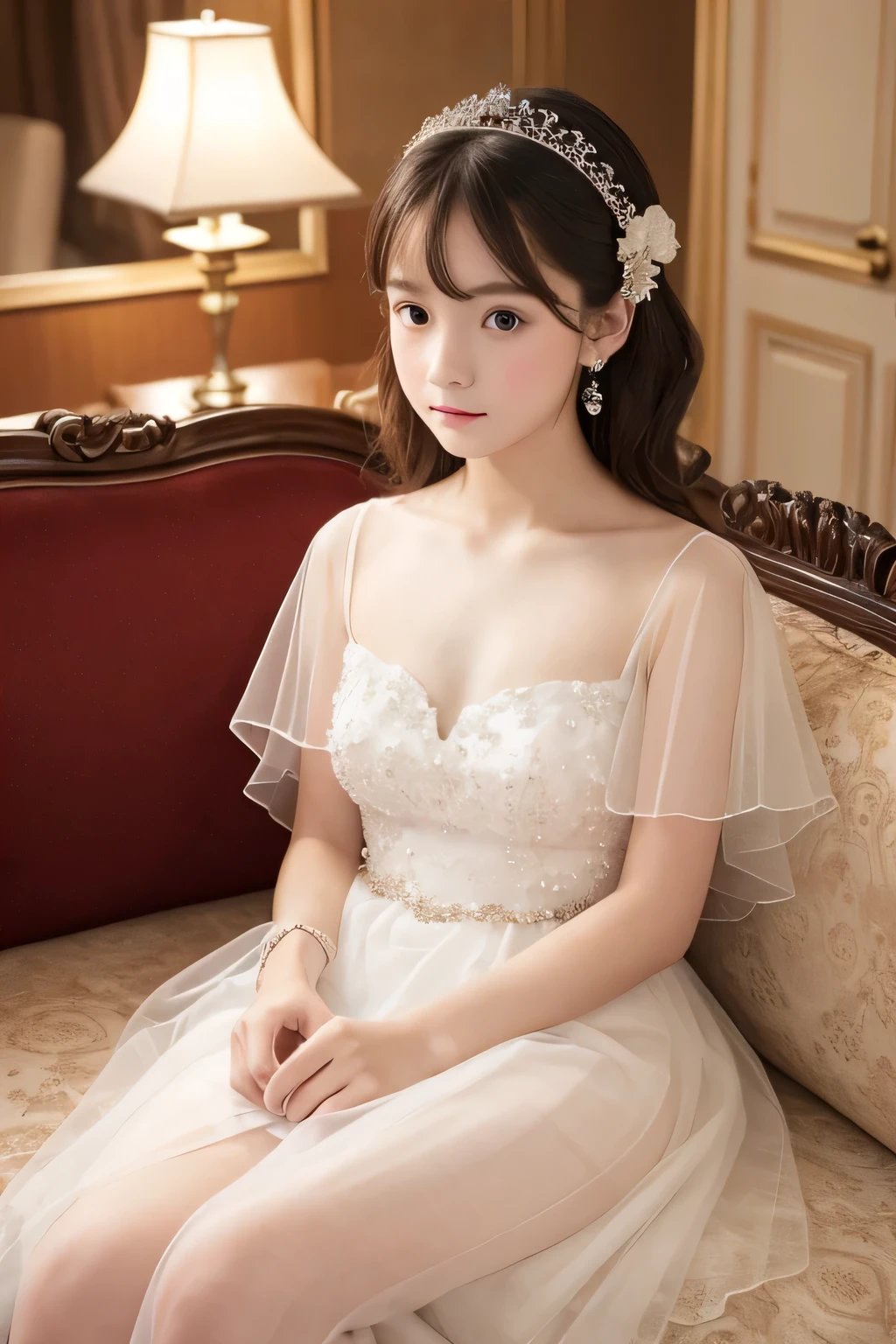 ((highest quality)), ((Photo quality)), (detailed), Perfect Face,White skin,11 years old,Sheer dress,delicate,sofa