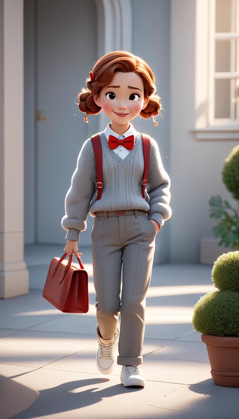3D characters in Disney animations, Pixar style,whole body,walking happily,Red bow tie,Gray soft sweater and furry casual pants,There are braids,White shoes,Clean background.Cinnamon Lighting, Ray Tracing, High Detail, 3D Rendering