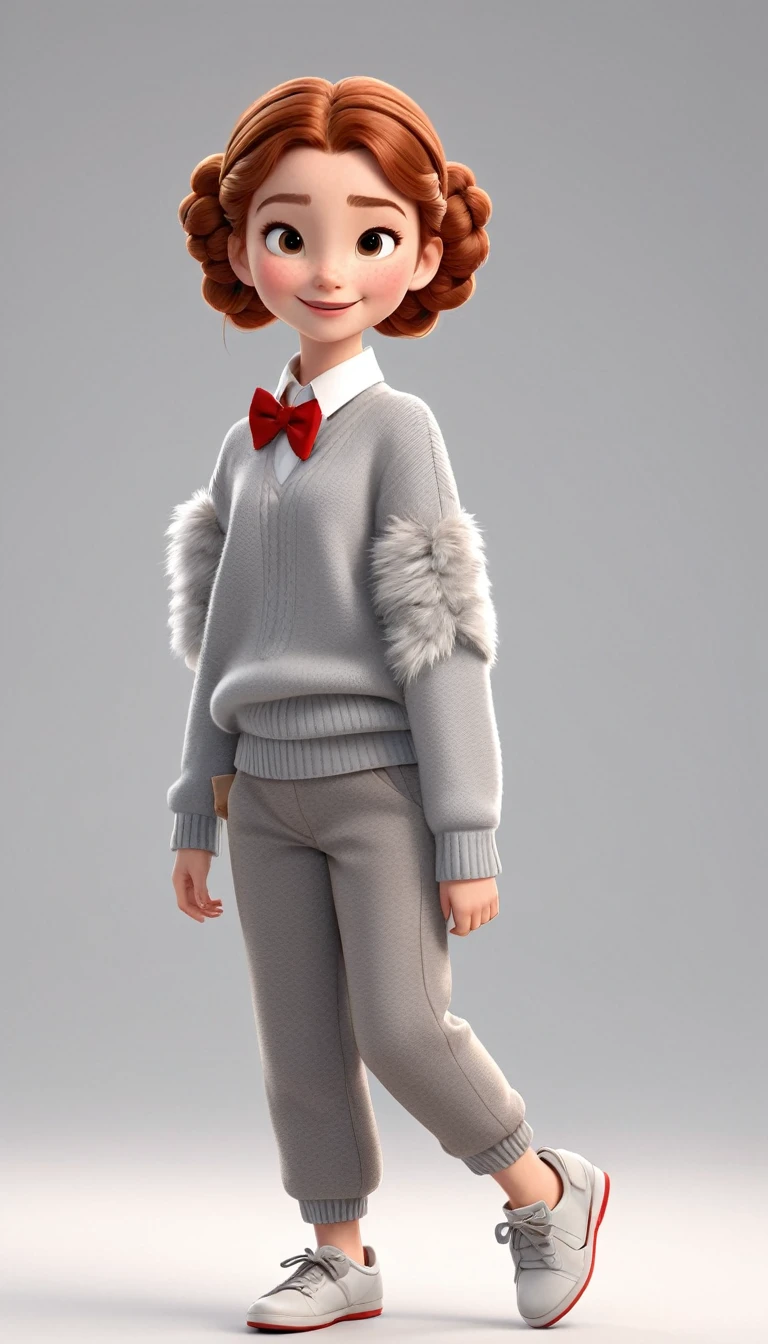 3D characters in Disney animations, Pixar style,whole body,walking happily,Red bow tie,Gray soft sweater and furry casual pants,There are braids,White shoes,Clean background.Cinnamon Lighting, Ray Tracing, High Detail, 3D Rendering