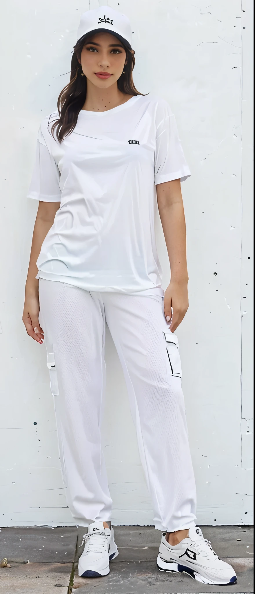 a woman branca e linda in a camisa branca and pants stands in a room, wearing a baseball cap, Roupas Brancas, Roupas brancas, White pants, roupa branca casual, vestido com uma camiseta branca, camiseta branca, camiseta branca, cargo pants, camiseta branca, com dois bolsos frontais, vestindo pijama branco, tudo branco, uniforme branco, trendy Roupas Brancas, roupas brancas da moda, camisa branca