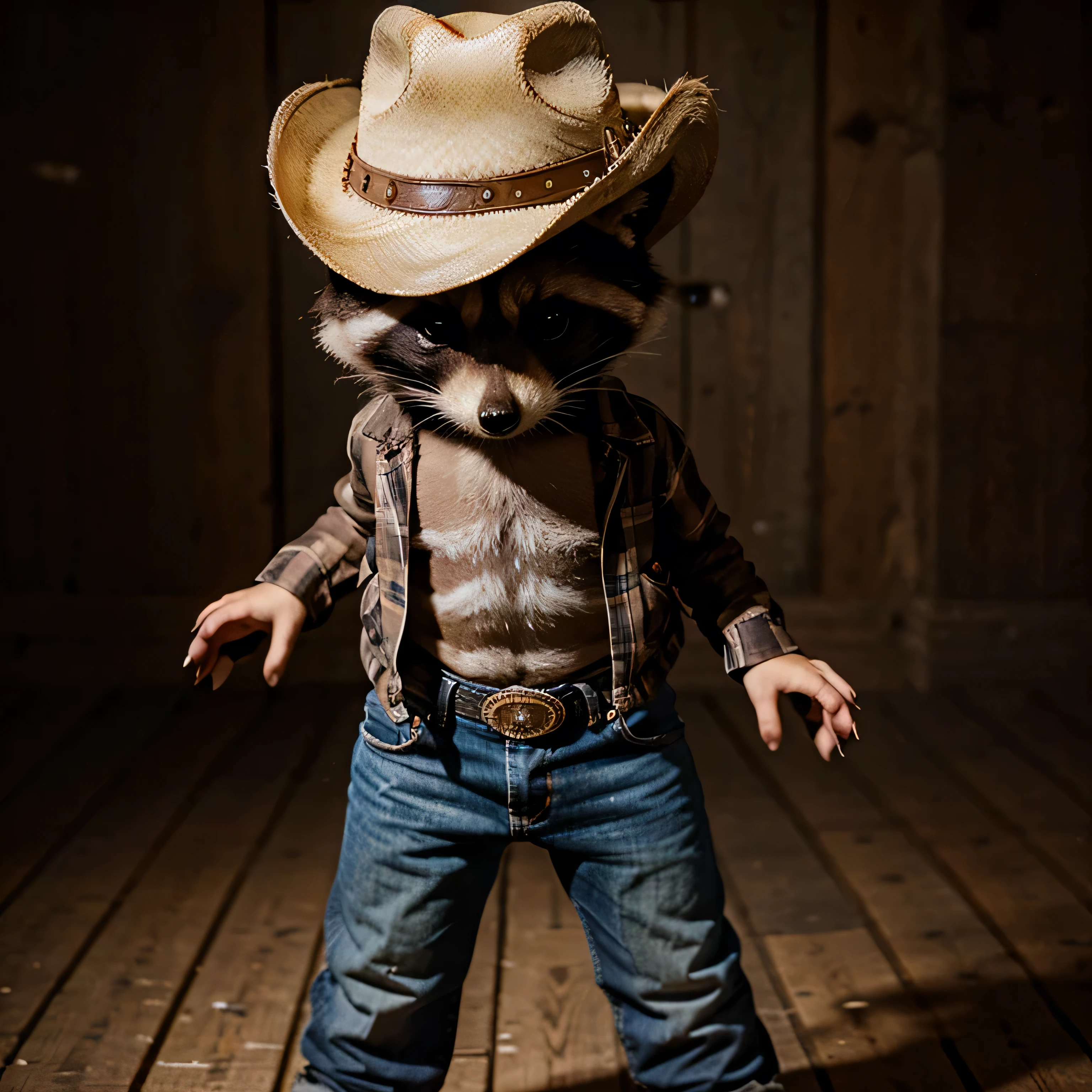 A raccoon that wears a cowboy hat and stands up