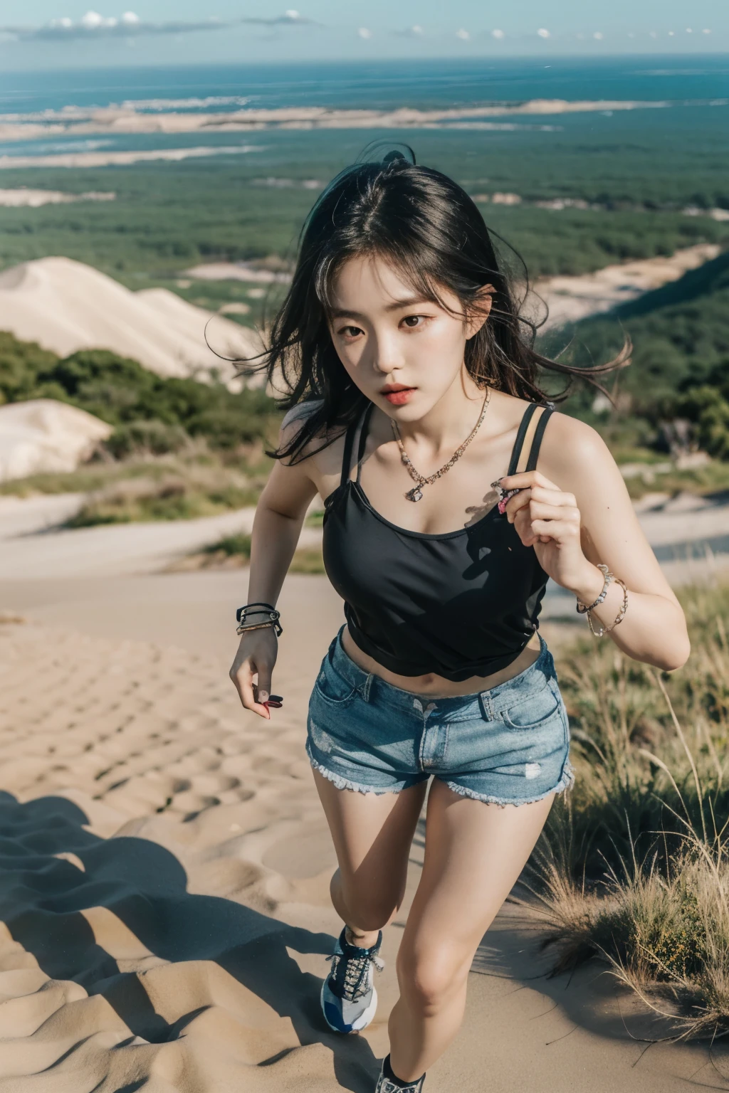 1 woman,alone,bijouterie,bracelet,shoes,manicure,black hair,running shoes,necklace,ring,freckles,shorts,whole body, looking at viewer,nose,assembly,Fingernail,Lips, mountaineering clothes, stick, (from above), Dunes,