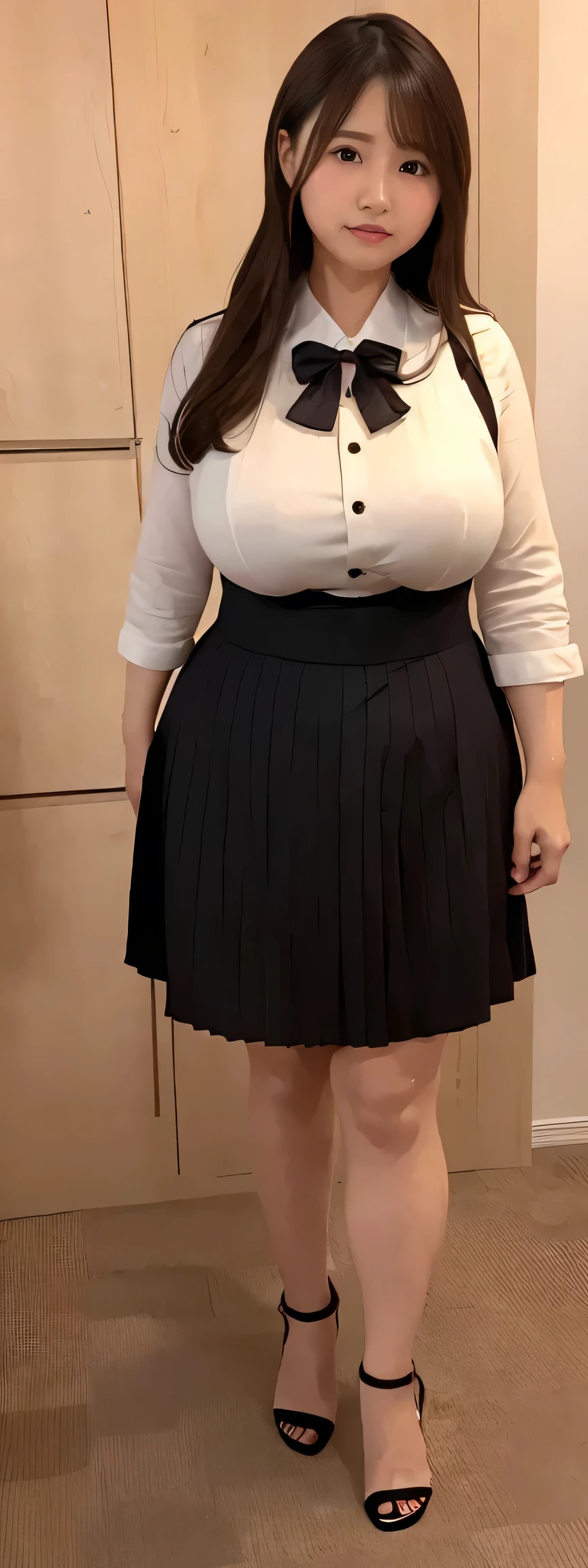 Japanese maid, Mature Woman, ((A little chubby, Round face, About 40)), Rimless round glasses, Wavy black hair with no bangs, Long Hair, Twin ponytail, Flashy makeup, Fuller lips, Sexy Gaze, uniform, ((dressing)), looking at the camera, Low angle shooting, Cute duck mouth,((Extremely precise and accurate anatomy)),  (masterpiece:1.43), Perfect Proportions, Realistic photos, Full Shot, whole body, (height: 148cm), High heels Has two legs,Has two arms、Has two legs, You need two arms)) 