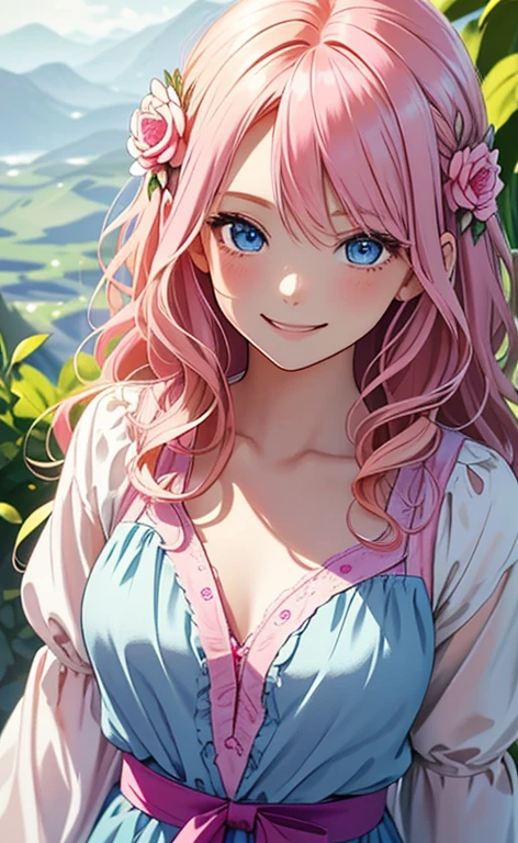 (masterpiece:1.4、top-quality、illustration:1.4,realistic、)、(character focus、,upper body:1.3)、(1girl),(happy smile:1.3),(cute),cute face,blue eyes、(from above:1.3)、
,(stand:1.4),(pink blonde hair),hair ornaments、
,(slender),(loose dress:1.3),
(wavy hair), (flat chest:1.3)、
、slender、
